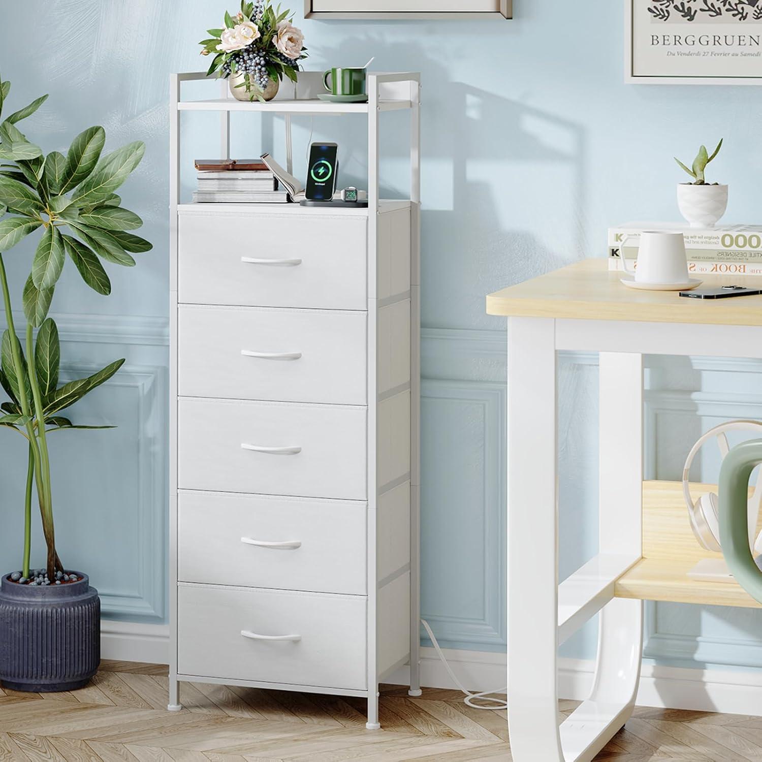 Eunos White Tall Nightstand with Charging Station, 5 Fabric Drawer Dresser for Bedroom with LED and Handle