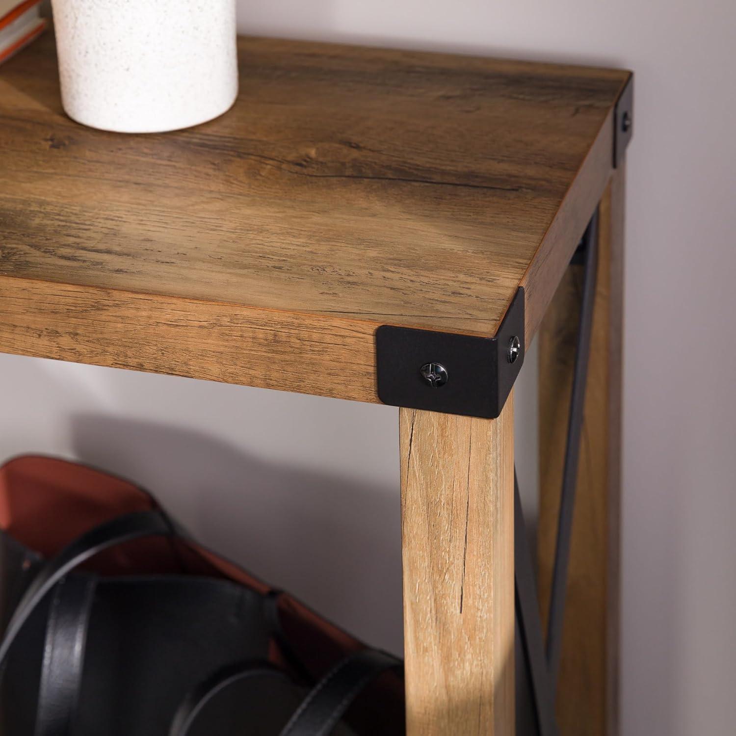 Rustic Oak and Metal Two-Tier Console Table with Storage