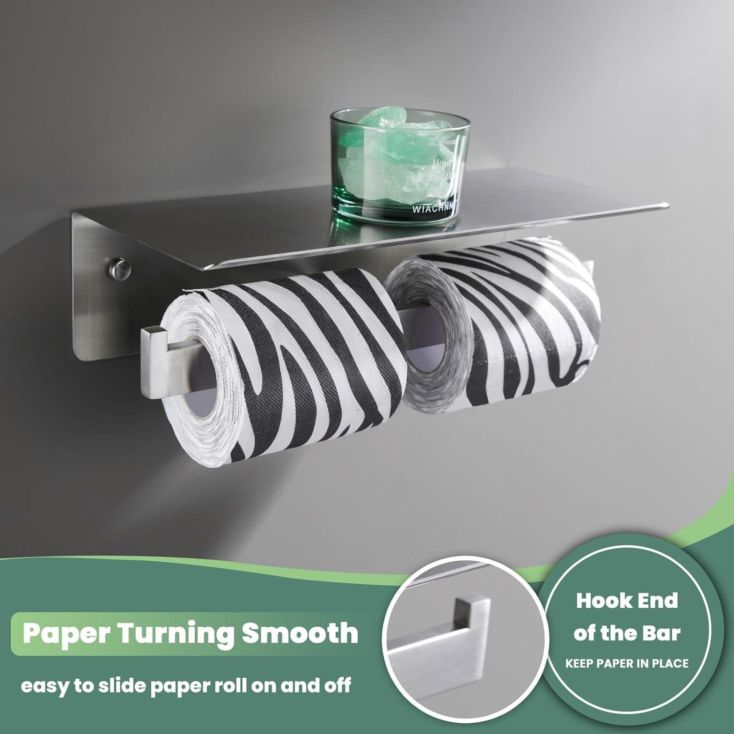 Toilet Paper Holder with Shelf Brushed Nickel Double Head Toilet Tissue Roll Holder 304 Stainless Steel Wall Mount for Bathroom