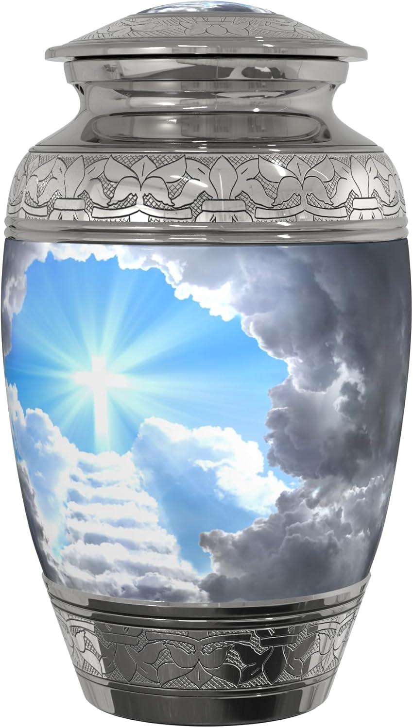 Stairway to Heaven Large Cremation Urn for Human Ashes with Handcrafted Funnel (Christian/Catholic/Cross/Adult/Male/Female)