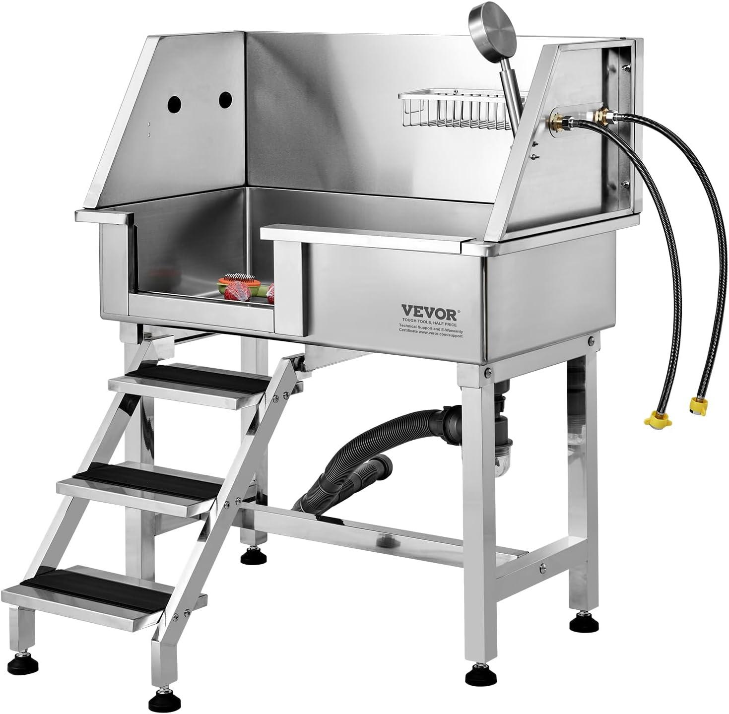 VEVOR 34" Pet Dog Bathing Station w/Ramp, Professional Stainless Steel Dog Grooming Tub w/Storage Drawer, Faucet,Rich Accessory, Dog Bathtub for Large,Medium,Small Pets, Washing Sink for Home(Left)