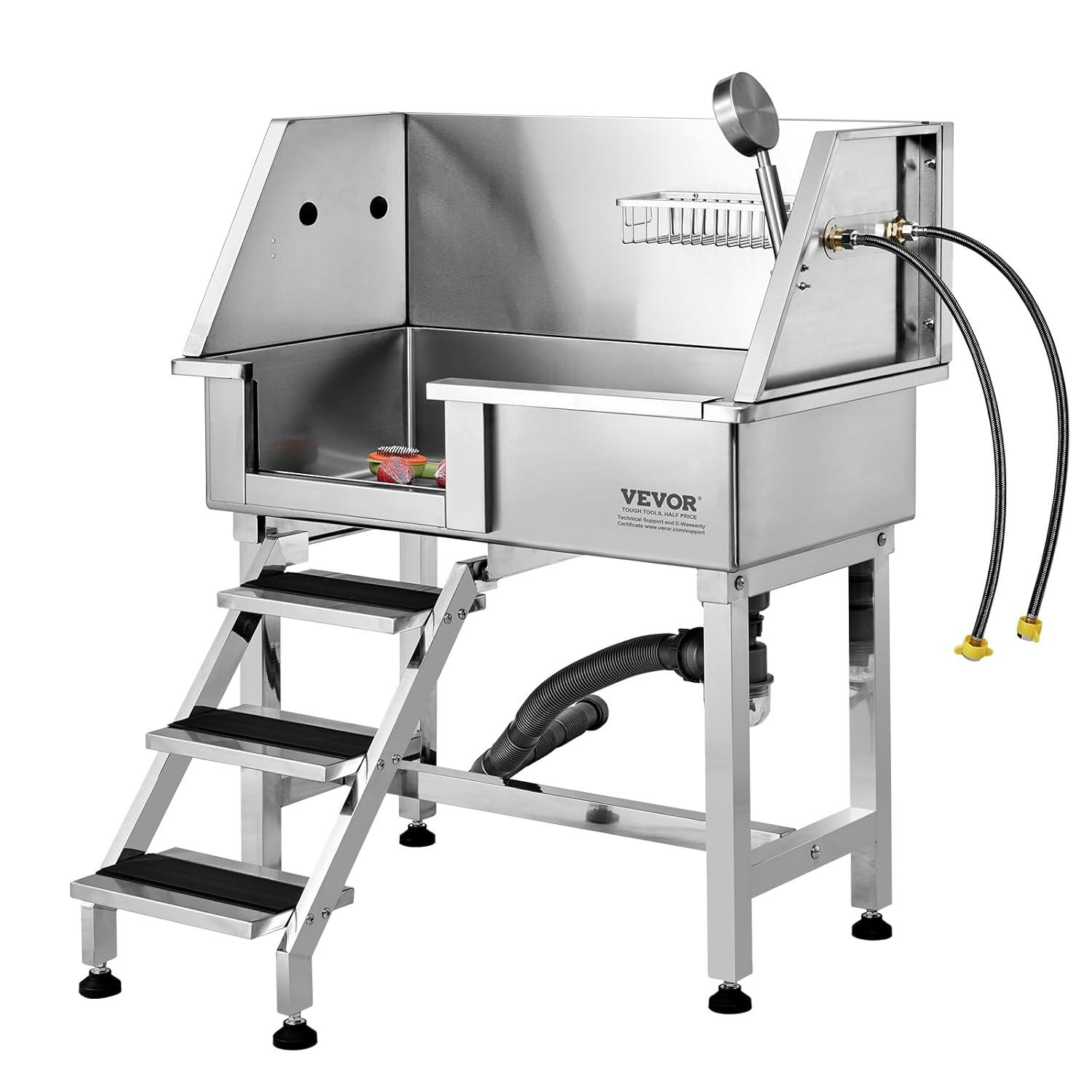 VEVOR 34" Pet Dog Bathing Station w/Ramp, Professional Stainless Steel Dog Grooming Tub w/Storage Drawer, Faucet,Rich Accessory, Dog Bathtub for Large,Medium,Small Pets, Washing Sink for Home(Left)