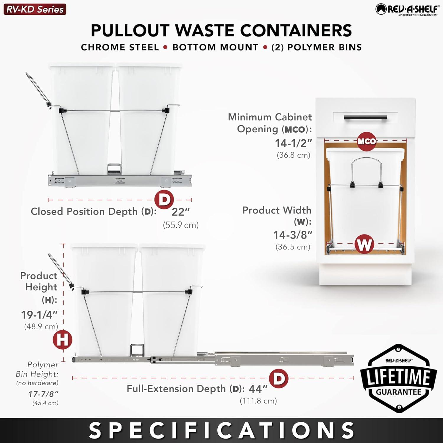 Rev-A-Shelf RV-18KD Series 35-Quart Kitchen Cabinet Pullout Waste Container