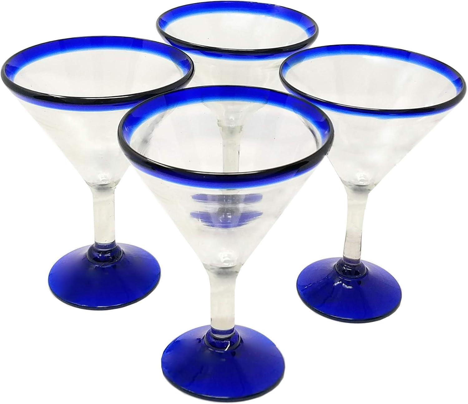 Mexican Hand Blown Glass – Set of 4 Hand Blown Modern Margarita Glasses - Blue Rim (12 oz)
