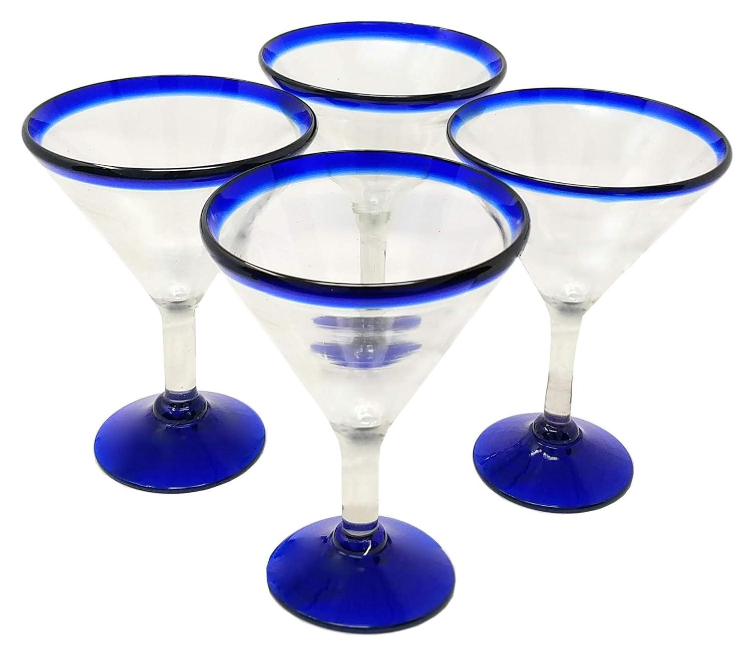 Dos Sueños Mexican Hand Blown  Modern Margarita Glasses - Blue Rim - 12oz - Set of 4