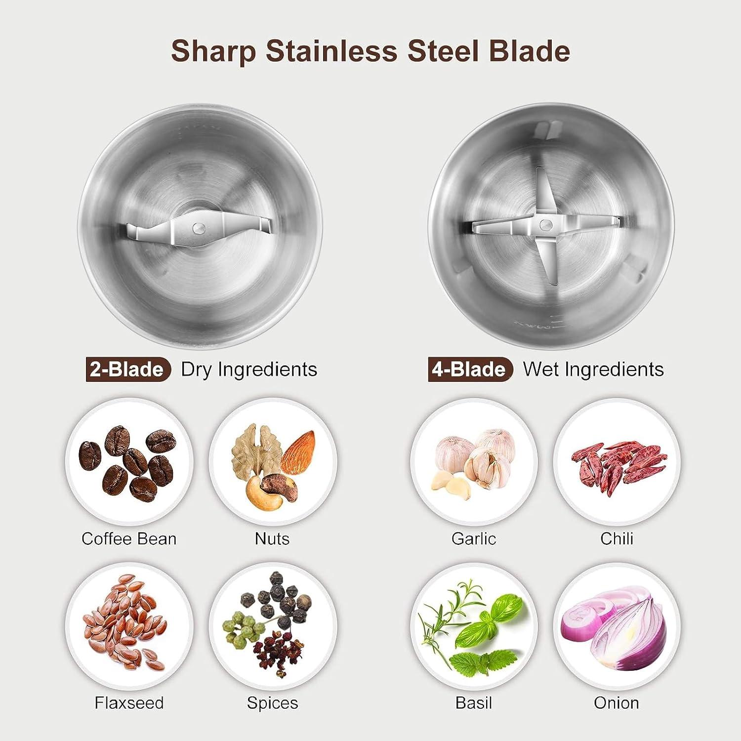 Stainless Steel Electric Coffee and Spice Grinder with Dual Blades