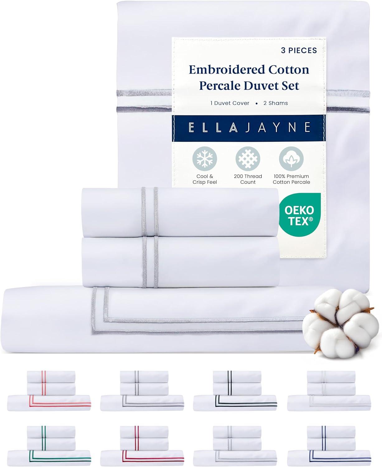 Ella Jayne 100% Cotton Percale 3 Piece Duvet Set, Full/Queen, White with Silver Satin Stitching