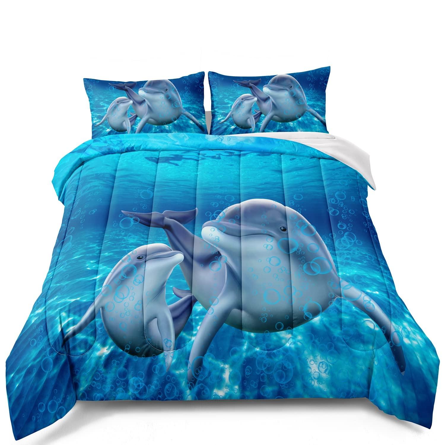 Erosebridal Dolphin Bedding Set Cute Dolphin Jumping Teal Blue Ocean Animal Comforter Set Dolphin Sea Animal Bedding Comforter Sets Queen Size - 1 Comforter with 2 Pillowcases