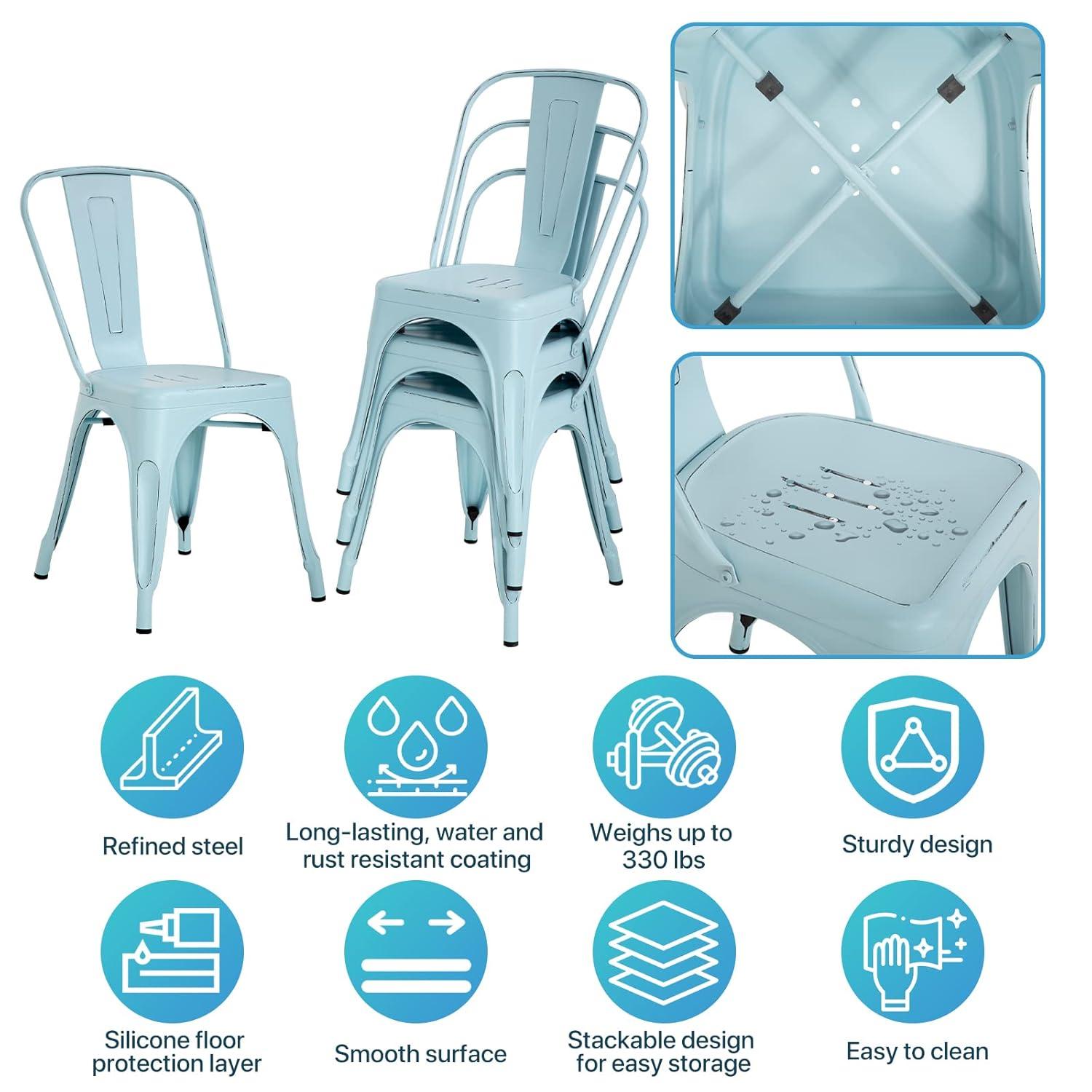 Metal Chairs Set of 4, Stackable Metal Patio Chairs 18 Inch Seat Height, Indoor/Outdoor Tolix Side Chair with Back, 330LBS Weight Capacity, Chic Kitchen Dining Chairs, Black