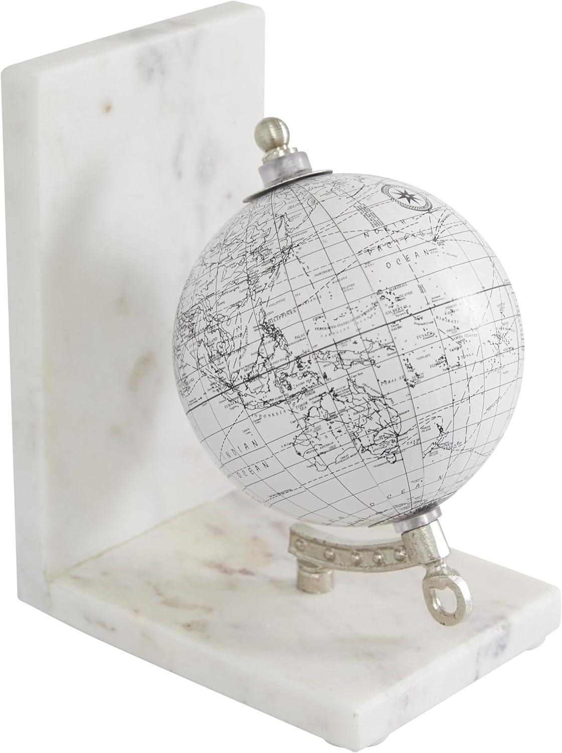 White Marble Globe Bookends with Silver Metal Accents, Set of 2