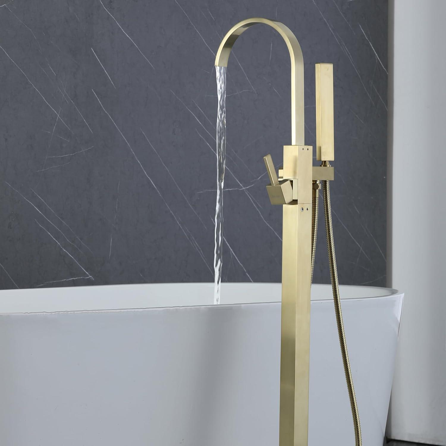 Brushed Gold Brass Waterfall Floor Mount Freestanding Tub Faucet