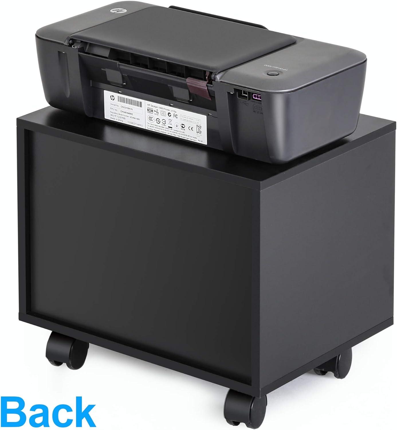 Black MDF Mobile Printer Stand with Storage and Wheels