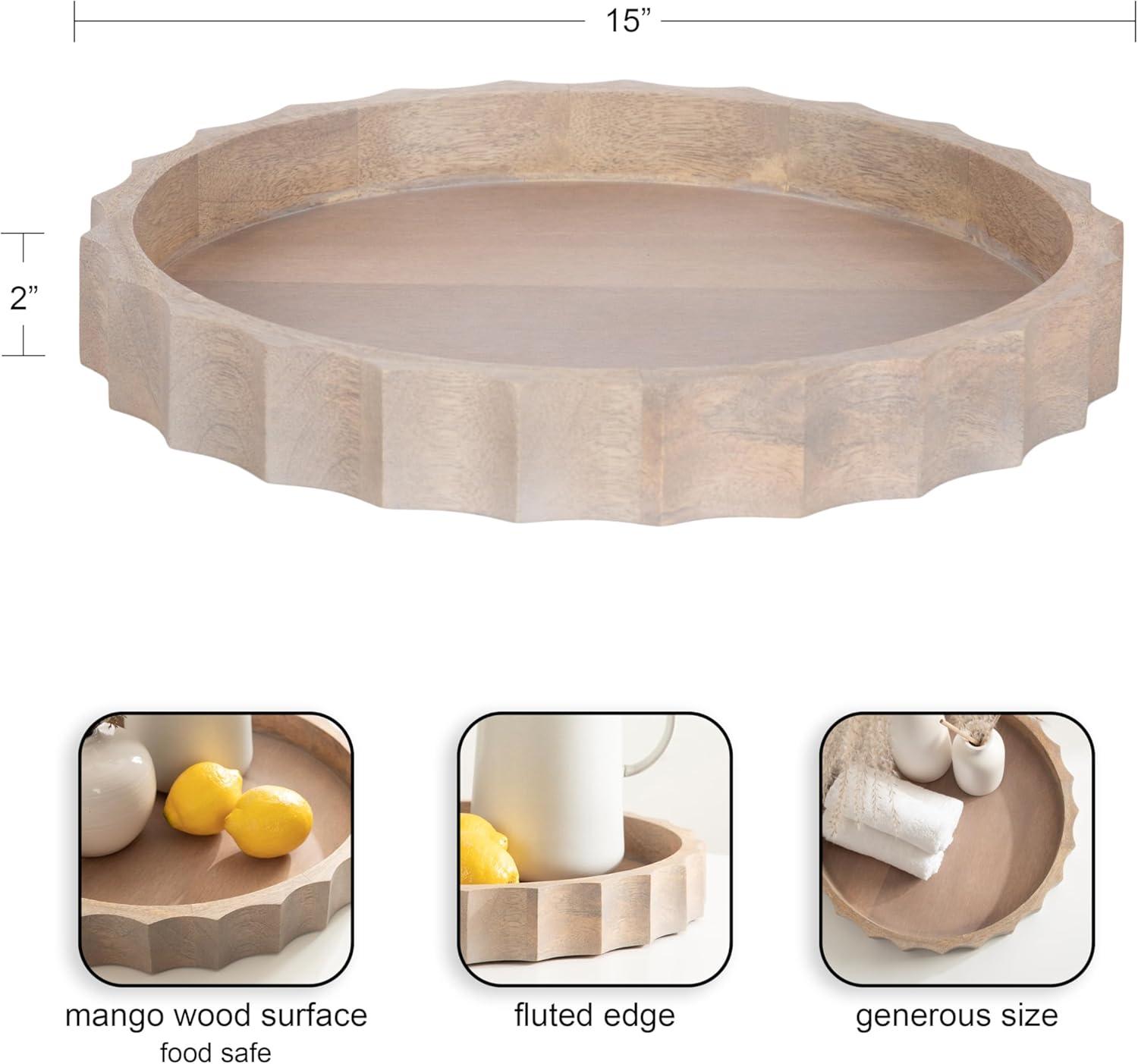 Natural Mango Wood Round Tray with Wavy Design, 15 Inch