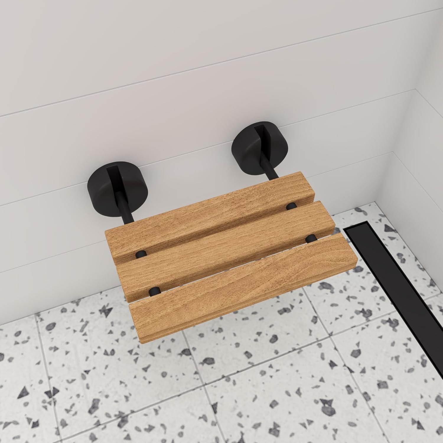 Natural Teak Wall-Mounted Folding Shower Seat with Black Matte Hardware