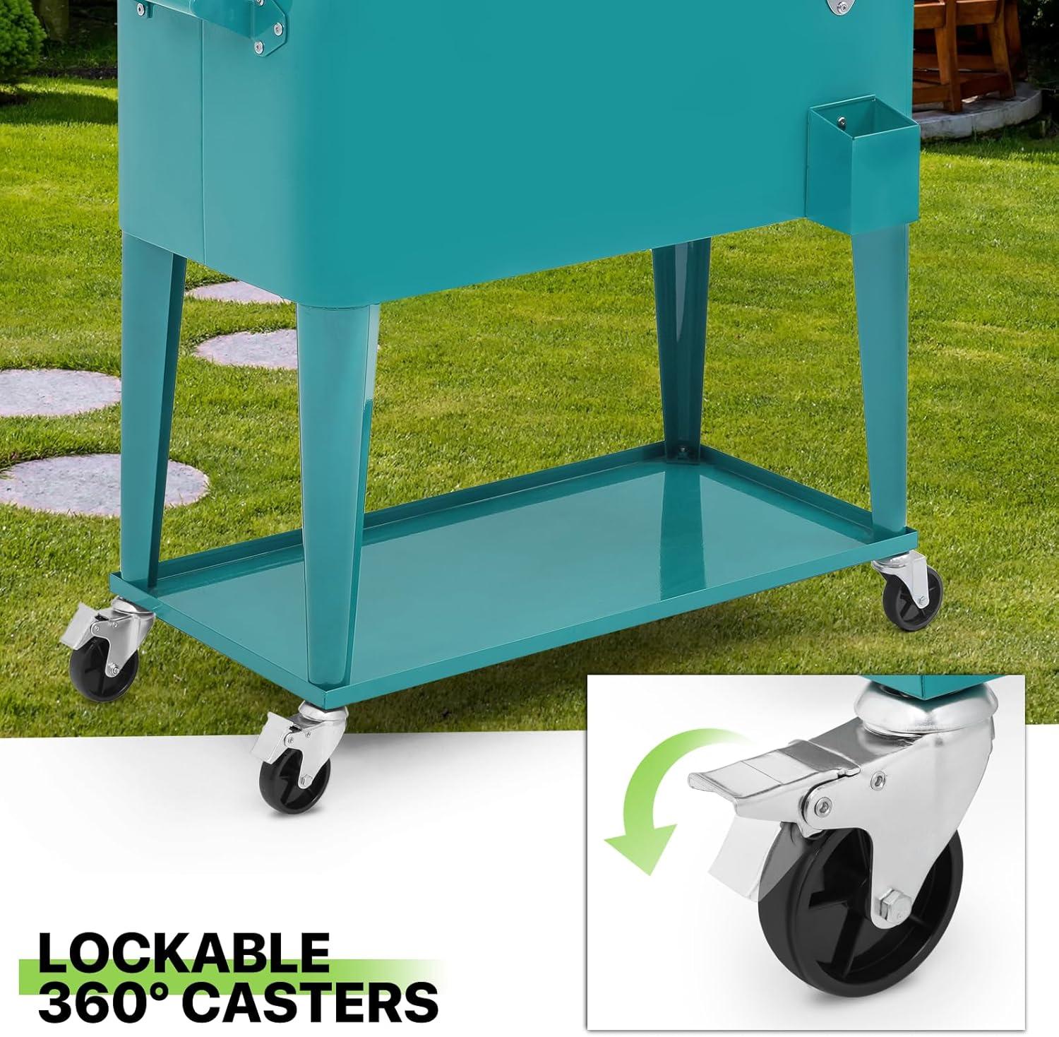 Bring Home Furniture Outdoor 80 Qt Rolling Cooler Cart, with Bottle Opener + Storage Shelf Camping Beverage Ice Chest