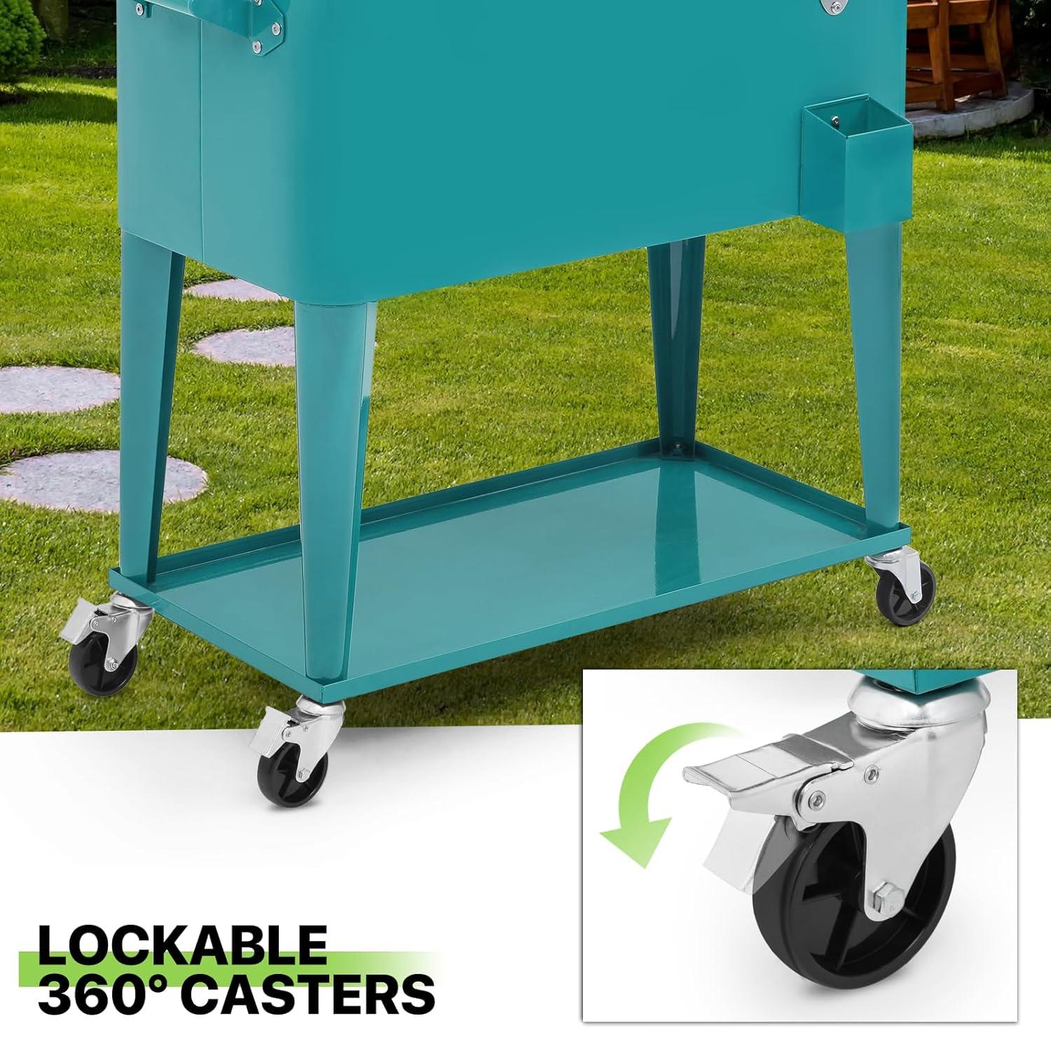 Bring Home Furniture Outdoor 80 Qt Rolling Cooler Cart, with Bottle Opener + Storage Shelf Camping Beverage Ice Chest
