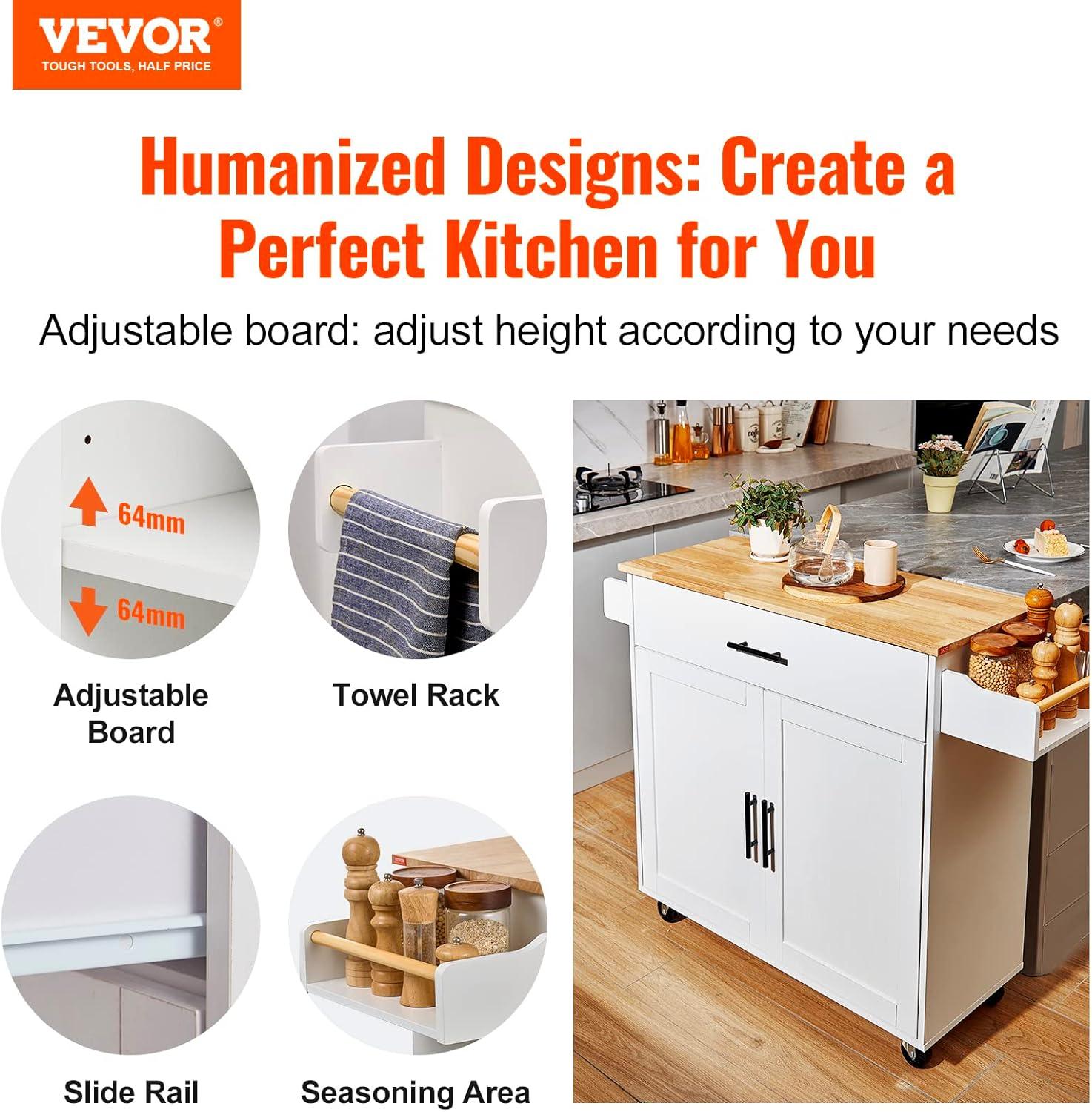 VEVOR Kitchen Island Cart, Rolling Storage Cabinet with Drawer and Shelves