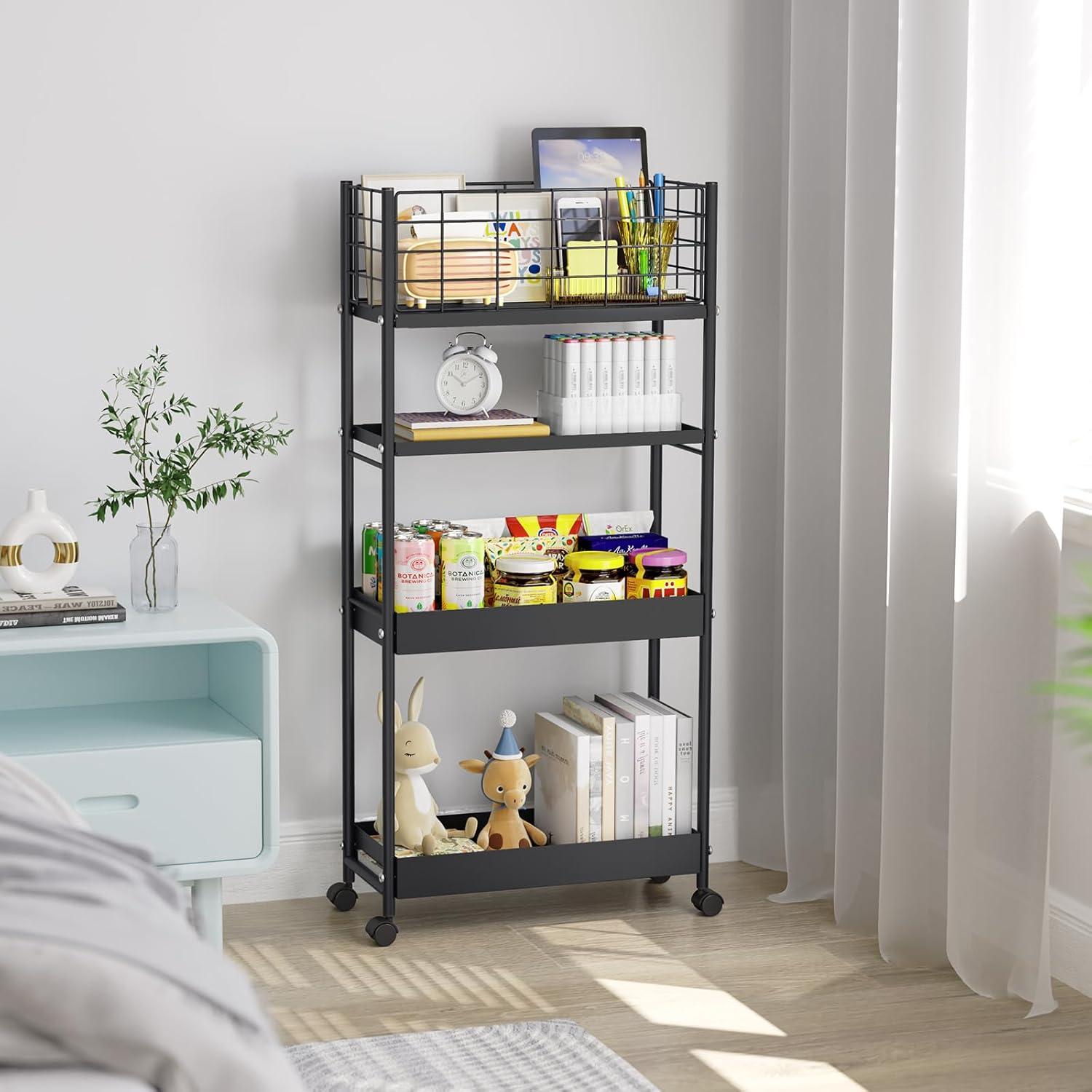 KINGRACK 4-Tier Slim Rolling Cart,Metal Utility Cart,Slide Out Storage Cart with Wooden Tabletop and Mesh Baskets for Narrow Space on Kitchen Bathroom Laundry Room Bedroom Apartments Dormitory, Black