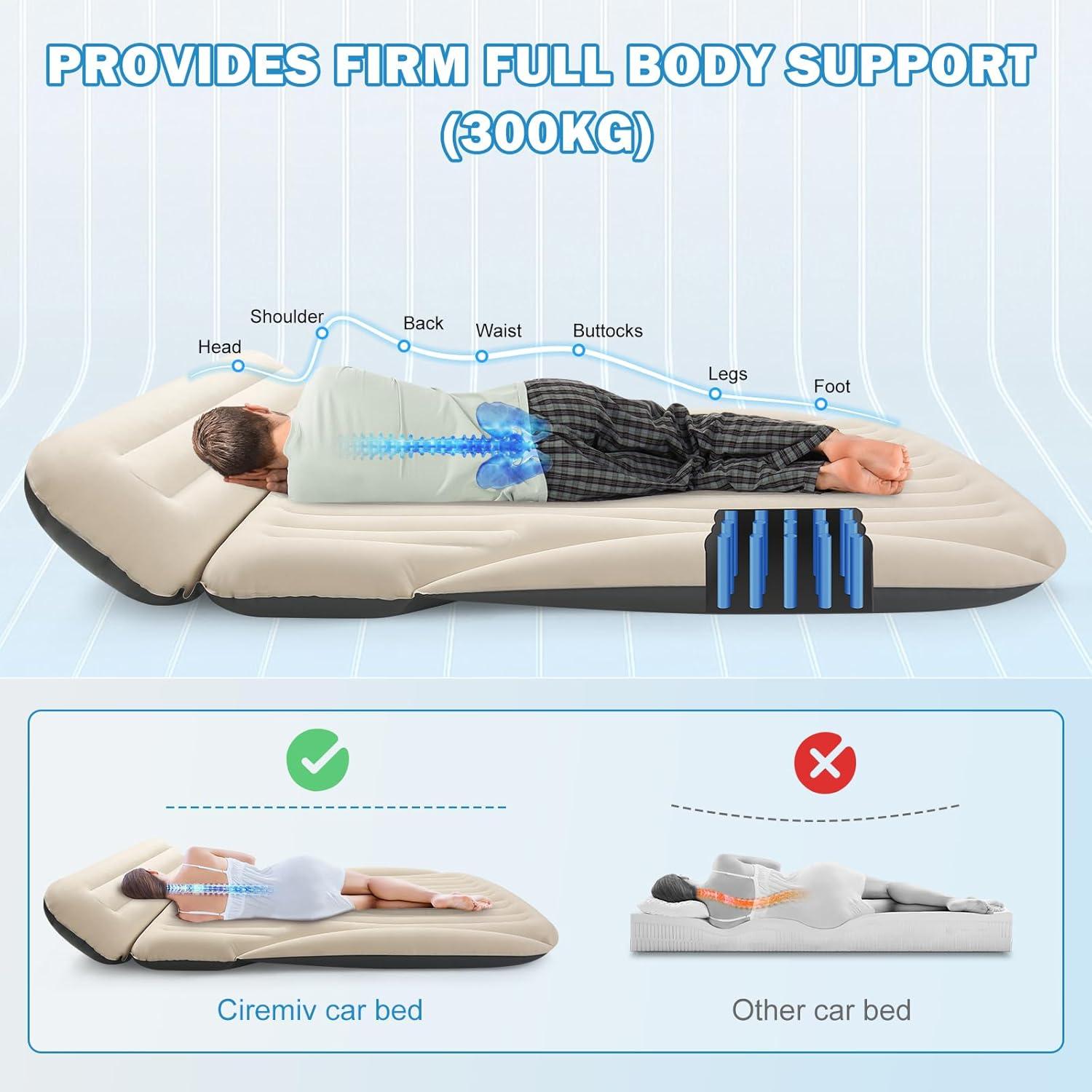 Beige Inflatable Car Mattress with Built-in Pillow and Pump