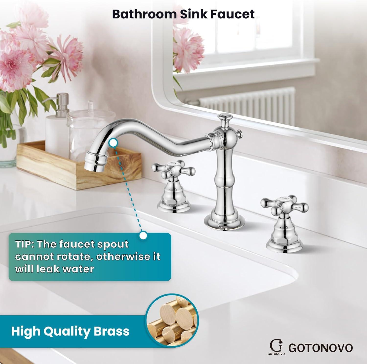 gotonovo Widespread Bathroom Sink Faucet Double Cross Knobs Polish Chrome 3 Hole Mixing Tap Deck Mount with Pop Up Drain