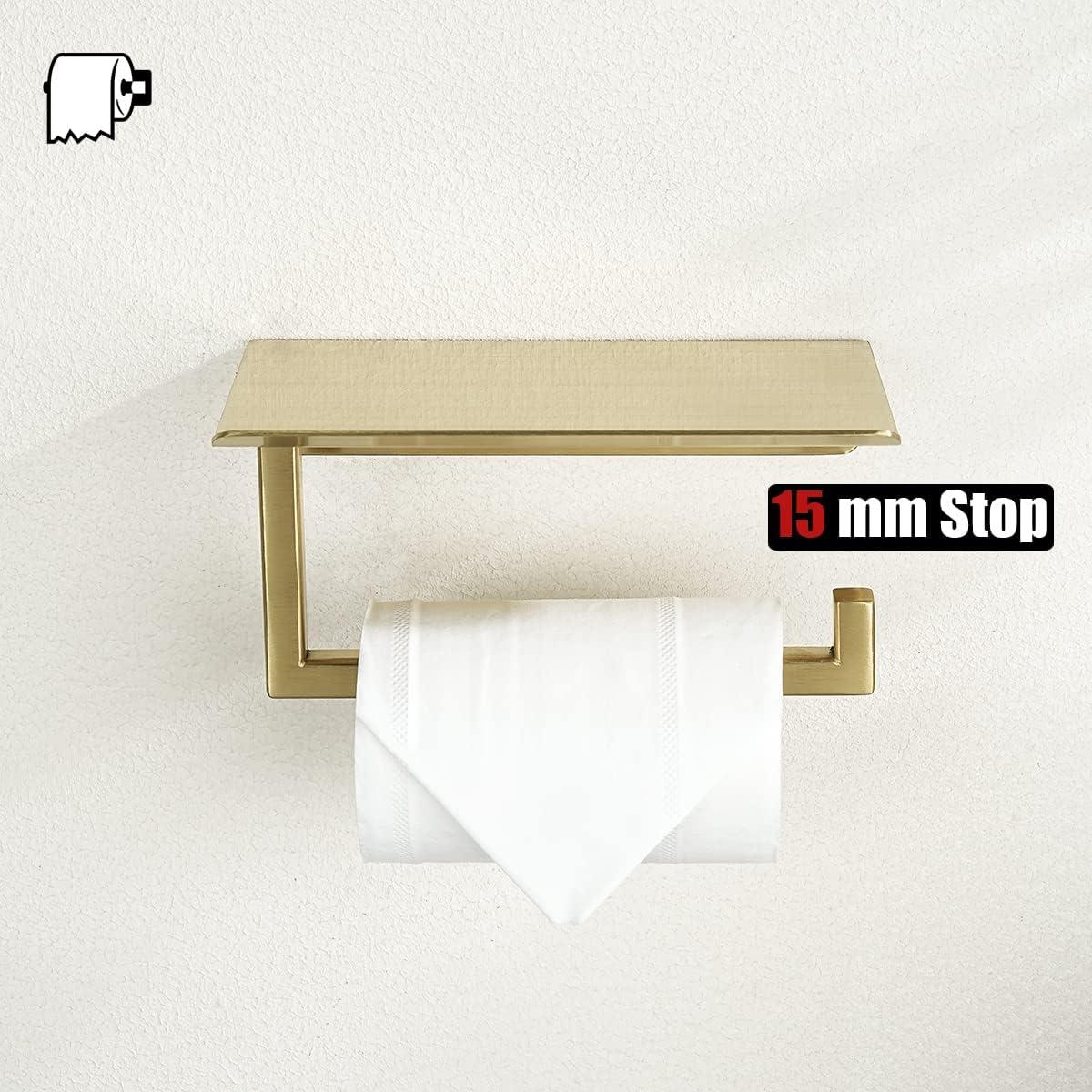 JQK Toilet Paper Holder Shelf, Bathroom Tissue Roll Holder with Phone Shelf, 5 Inch 304 Stainless Steel Tissue Paper Dispenser, Brushed Gold Finished Wall Mount, TPH202-BG