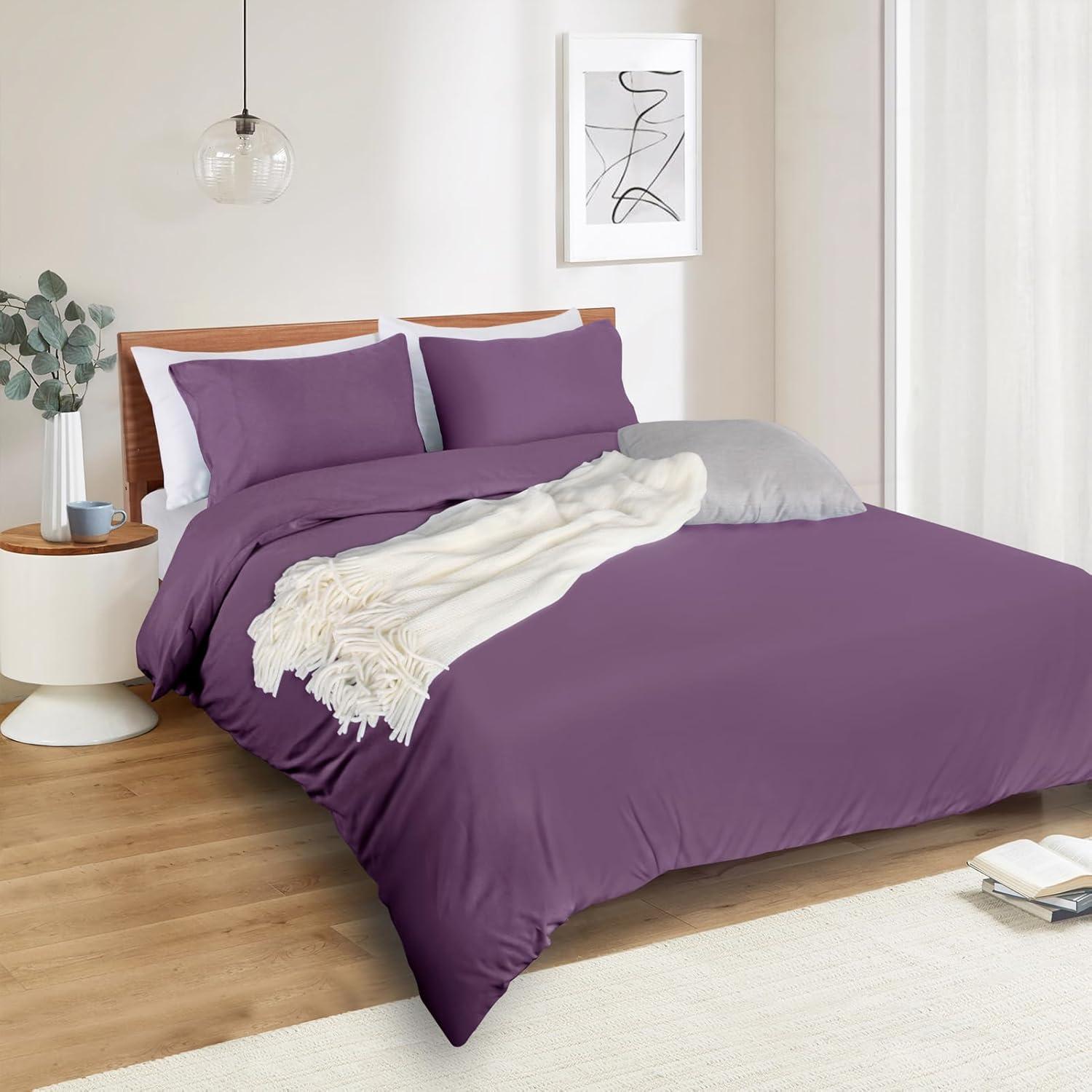 Nestl 3pc Duvet Cover Set, Luxury Microfiber Duvet Cover King with Pillow Shams, Purple Eggplant