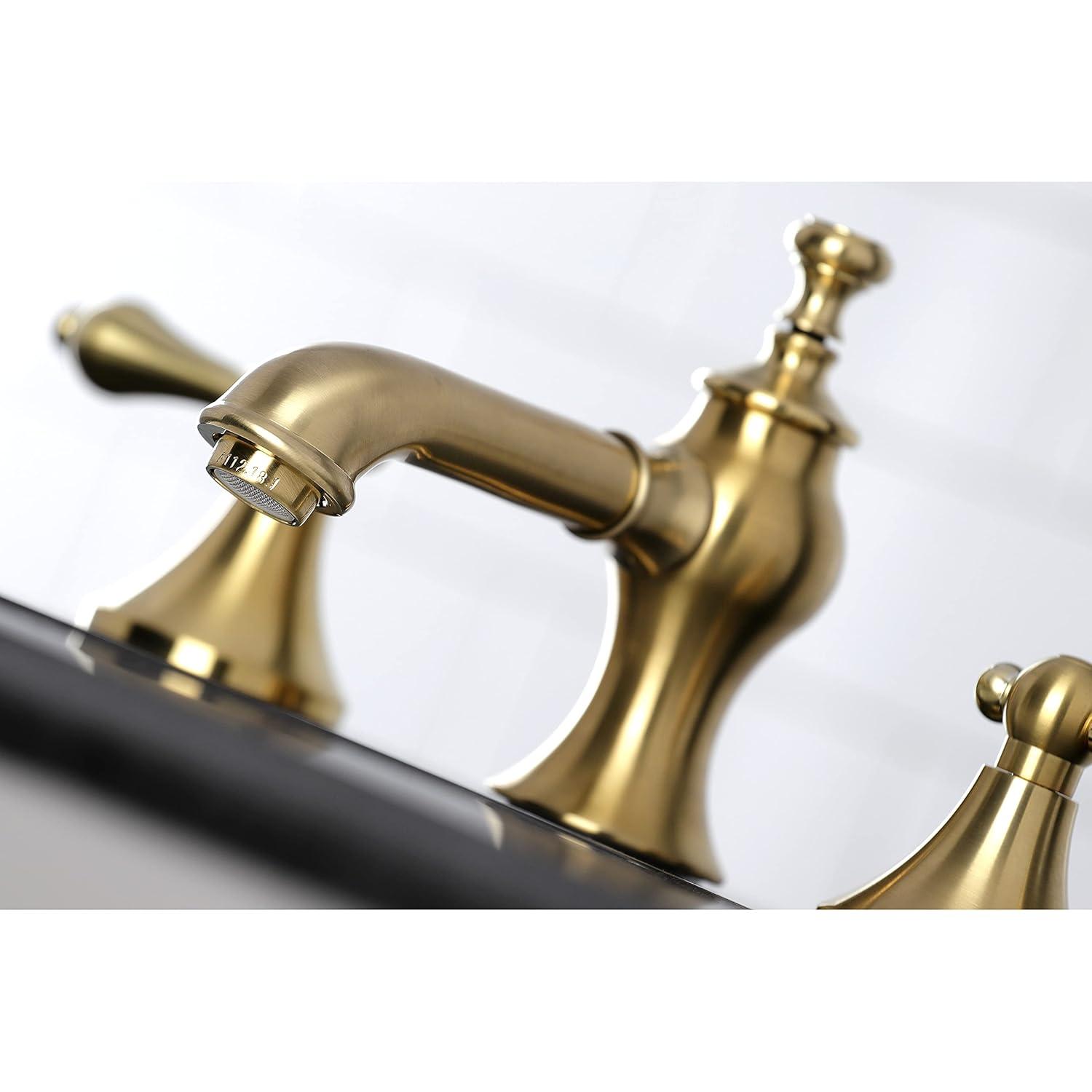 Kingston Brass Vintage Two-Handle 3-Hole Deck Mount Widespread Bathroom Faucet with Brass Pop-Up Drain