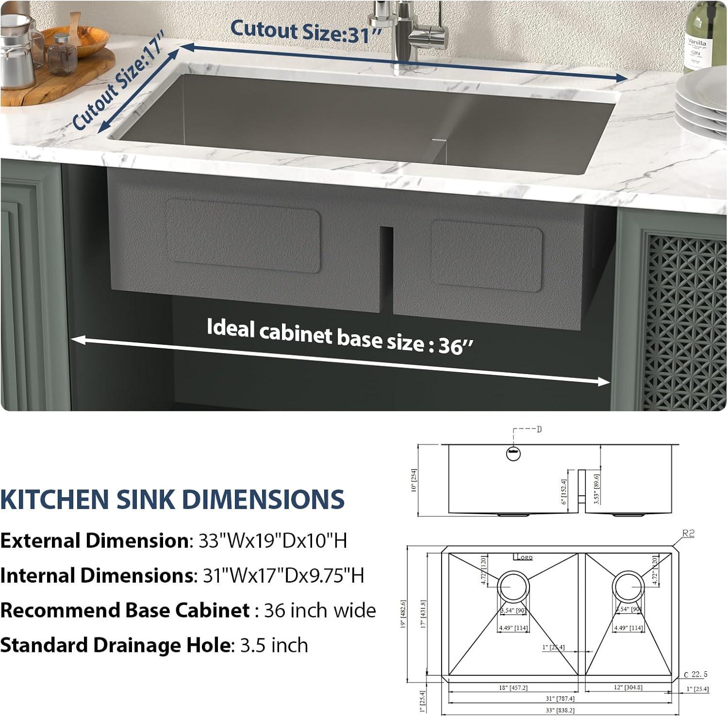 33" Stainless Steel Double Bowl Undermount Kitchen Sink with Accessories