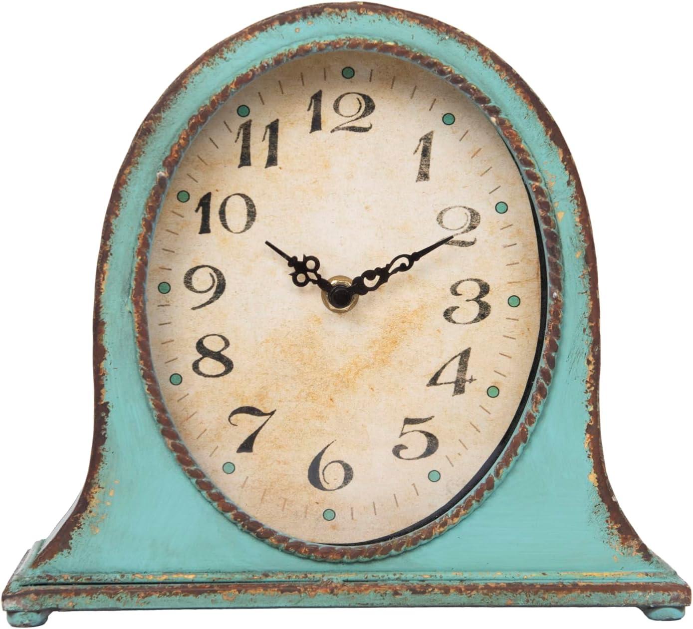 Distressed Aqua Metal Mantel Clock with Wooden Base