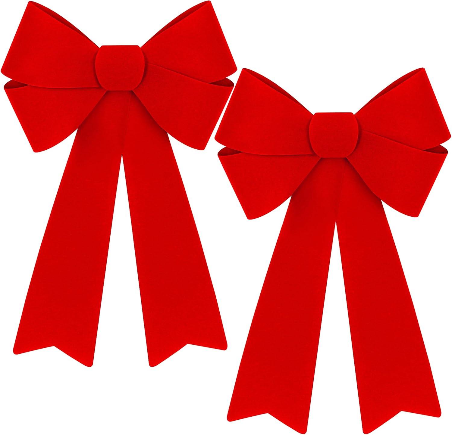 2 PCS Christmas Decorations, 12 x 18 Inches Large Christmas Bows, Red Velvet PVC Indoor Outdoor Christmas Tree Bows Wreath Bow Party Supplies Xmas Ornaments for Door Fireplace Stairs Railing Porch