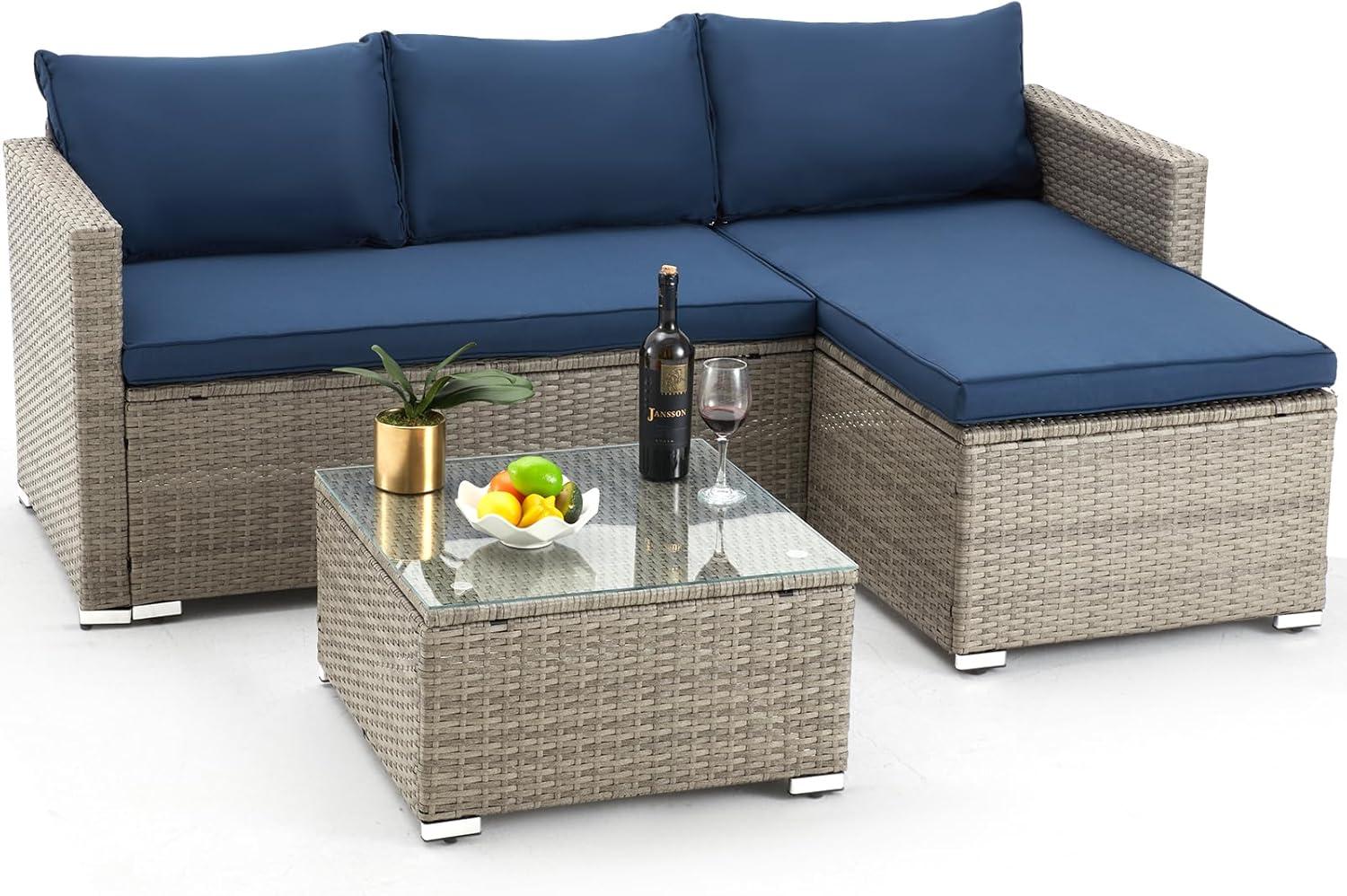 Blue 3-Piece Outdoor Wicker Sectional Sofa with Glass Table