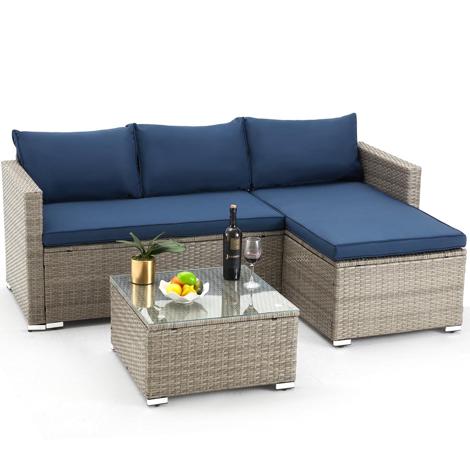 AVAWING Outdoor Patio Furniture Sets, All-Weather Sectional Sofa with Tempered Glass Table, 3 Pieces Patio Wicker Couch with Washable Cushions for Garden, Backyard and Porch （Blue）