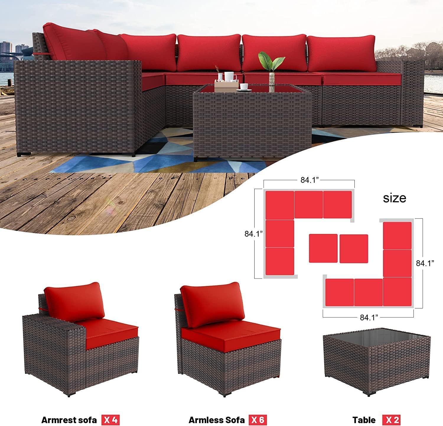 Kullavik 9 Pieces Outdoor Patio Furniture Set Outdoor Sectional Rattan Sofa Set Brown Manual Wicker Patio Conversation Set with Navy Blue Cushions,1 Tempered Glass Tea Table and Cushions Covers