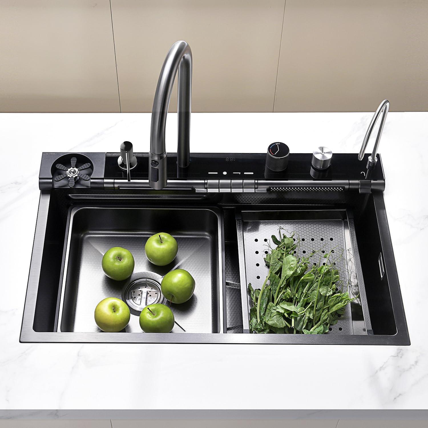 Lefton 304 Stainless Steel Kitchen Sink Set with Pull-down Faucet, Waterfall & Rainfall Water Outlet, Glass Rinser, Soap Dispenser & Filtered Faucet, Battery-free Temperature Display, Grey, KS2207