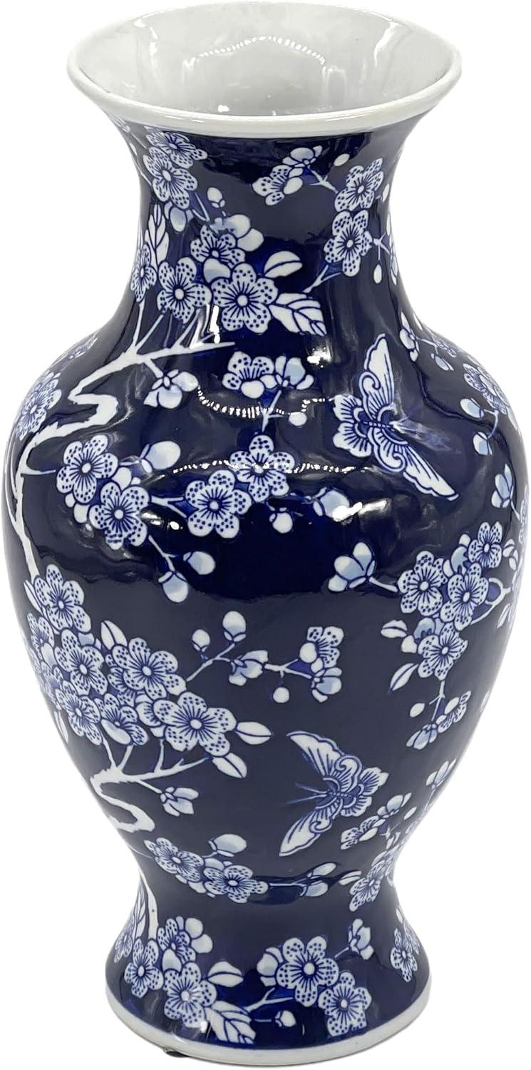 Dark Blue Floral Chinoiserie Ceramic Vase with White Accents