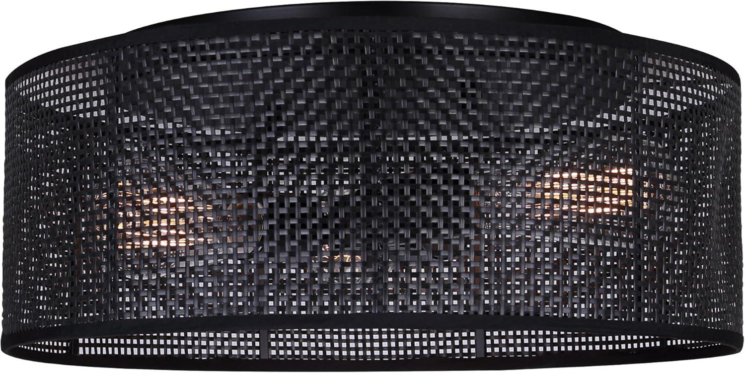 Matte Black Drum Flush Mount with Faux Rattan Shade