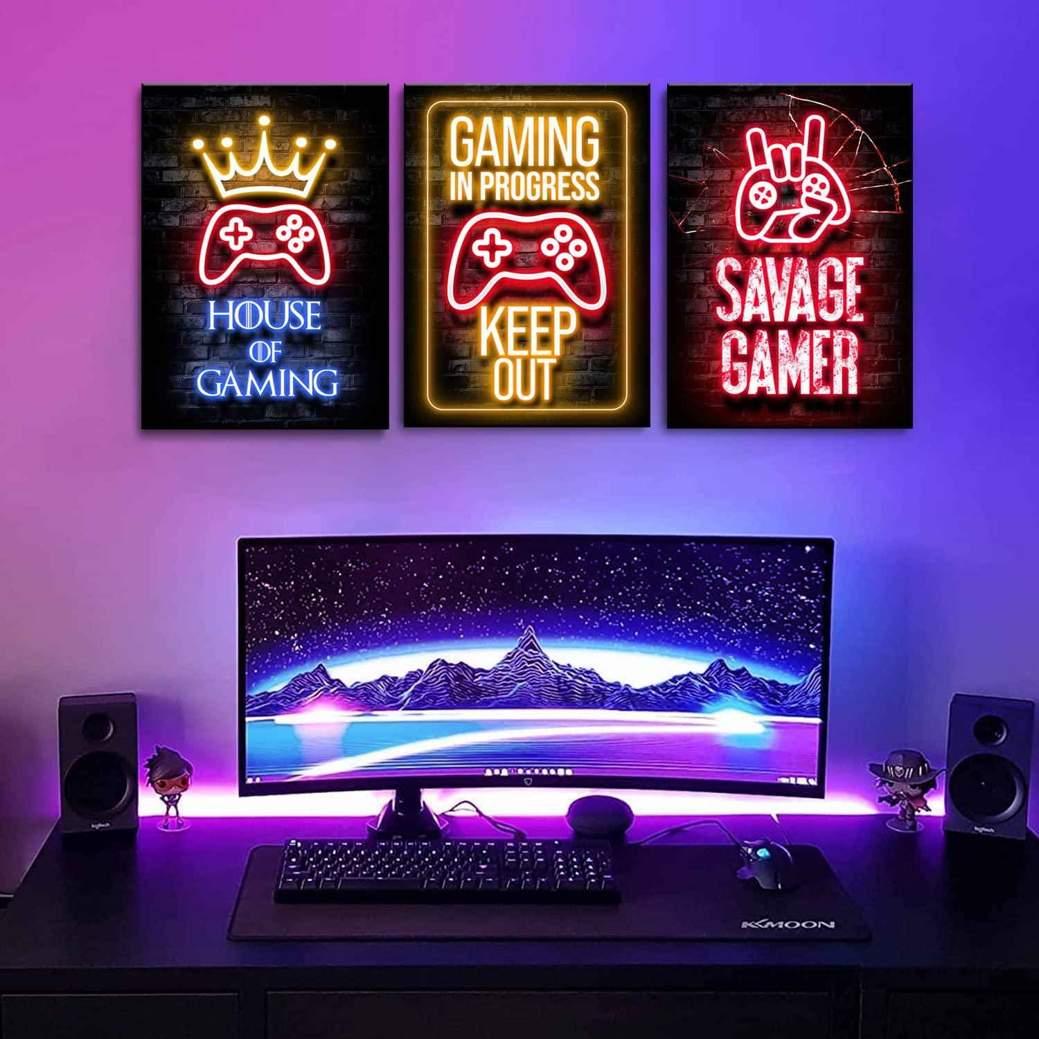3 Pcs Framed Neon Gamer Symbol Canvas Wall Art Paintings Gaming Wall Decor Prints Pictures Posters Artwork for Kids Teenage Boys Game Room Playroom Bedroom Decoration Ready to hang Gifts for Gamers