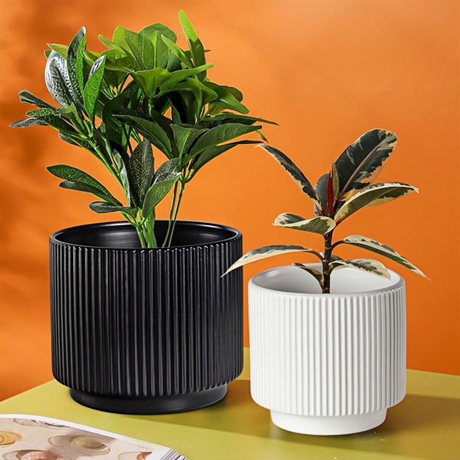 Set of 3 Black Ribbed Ceramic Planter Pots with Drainage