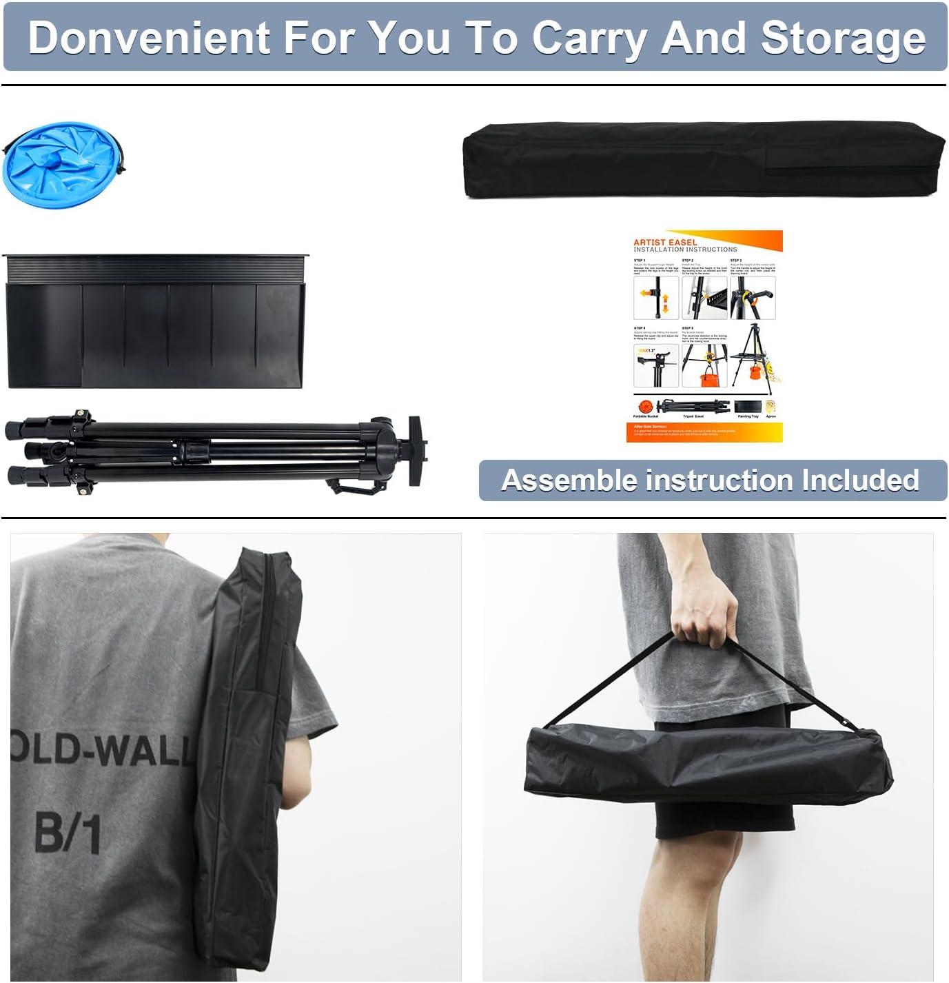 61"-20"Artist Easel Stand, Thick Aviation Aluminum Tripod Display Easel with Portable Bag for Floor/Table-Top Drawing and Displaying, Painting Easel for kids Adult, Spirit Level, Black