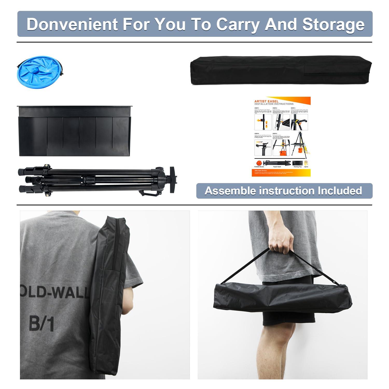 61"-20"Artist Easel Stand, Thick Aviation Aluminum Tripod Display Easel with Portable Bag for Floor/Table-Top Drawing and Displaying, Painting Easel for kids Adult, Spirit Level, Black