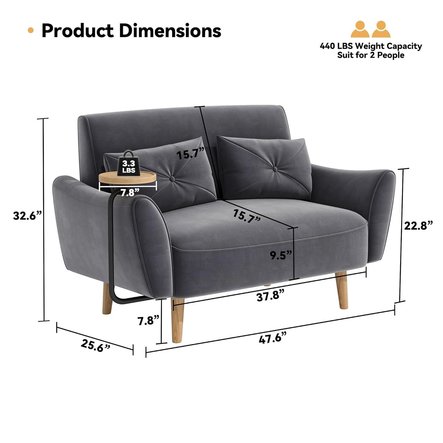 48" Loveseat Sofa，Small Sofas for Small Spaces，with 2 Pillows Convertible Sofa，for Living & Room，Children's Room，Apartment, Studio, Grey
