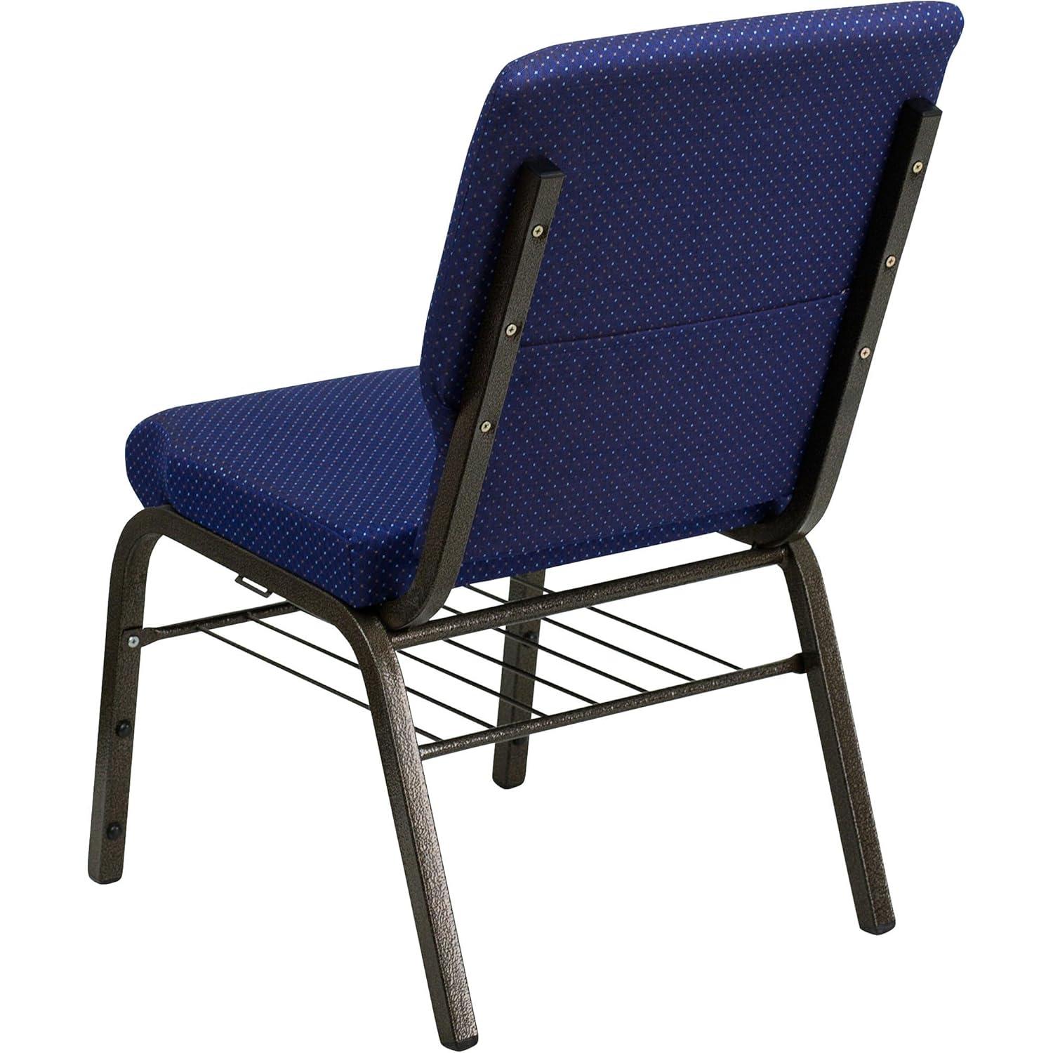 BizChair 18.5''W Church Chair in Navy Blue Patterned Fabric with Book Rack - Gold Vein Frame