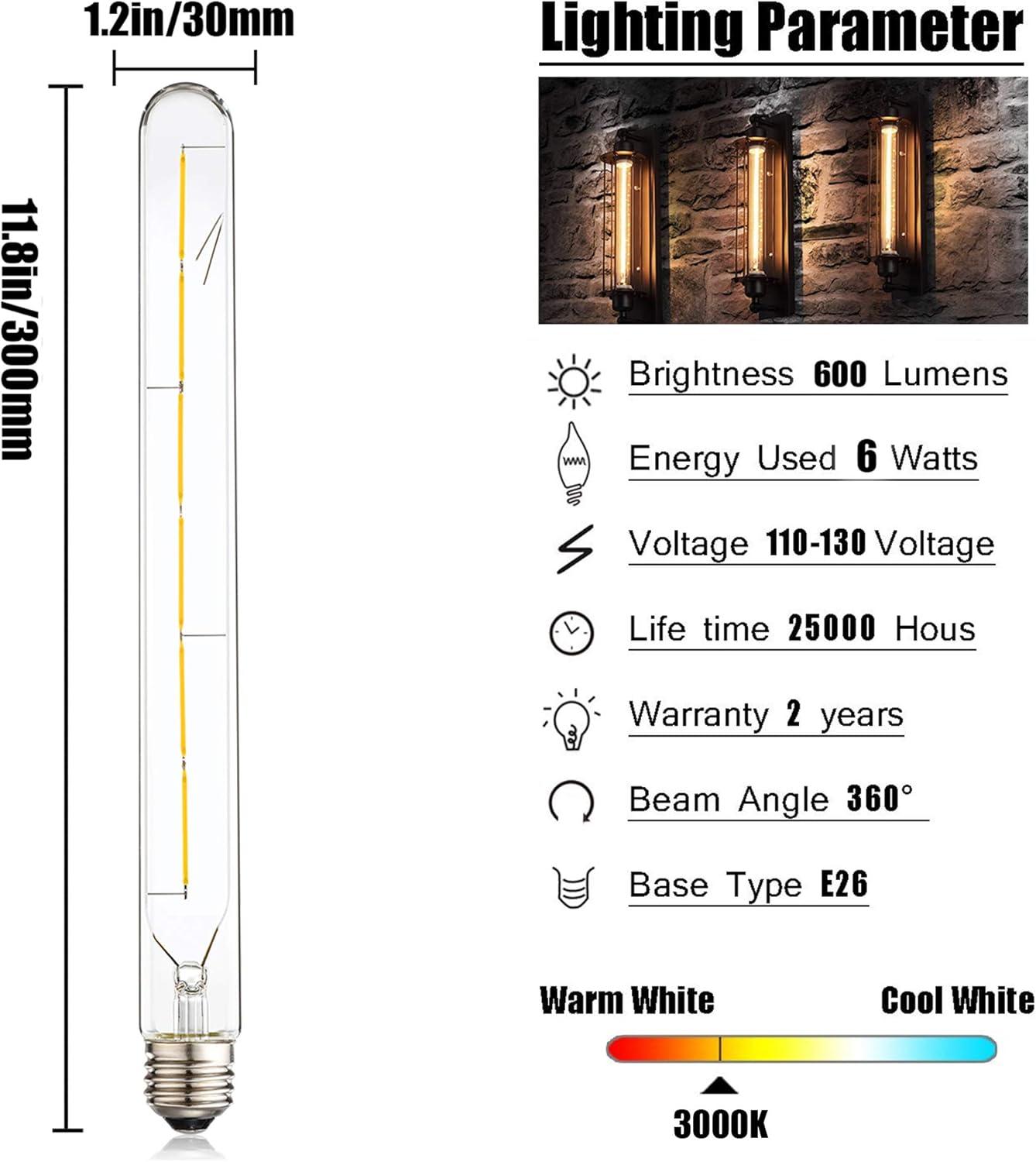 Clear Tubular Edison Style Dimmable LED Bulbs 11.8 inches