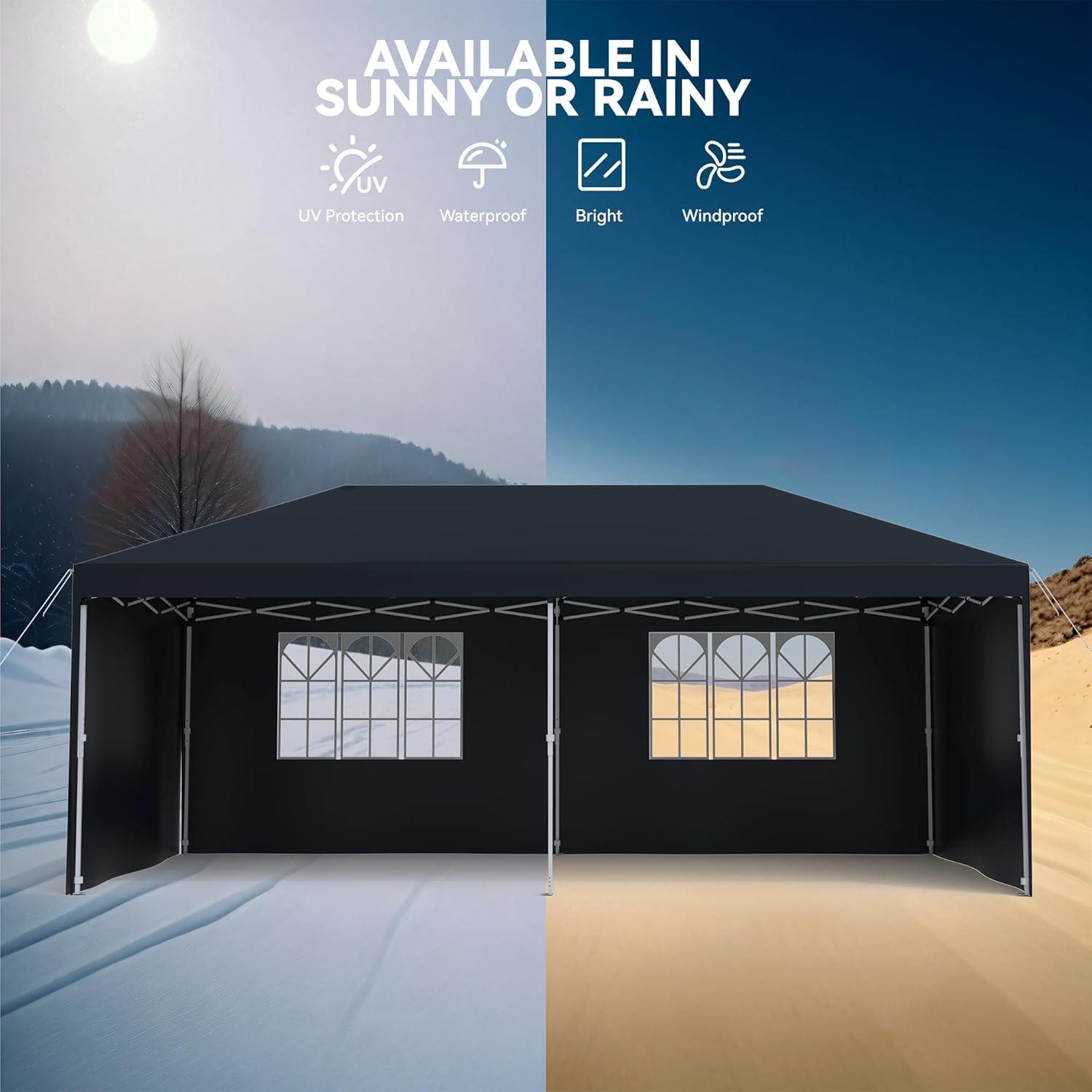 10X20ft Pop Up Canopy Tent - Spacious Standing Room, Quick And Easy Assembly, 4 Removable Sidewalls