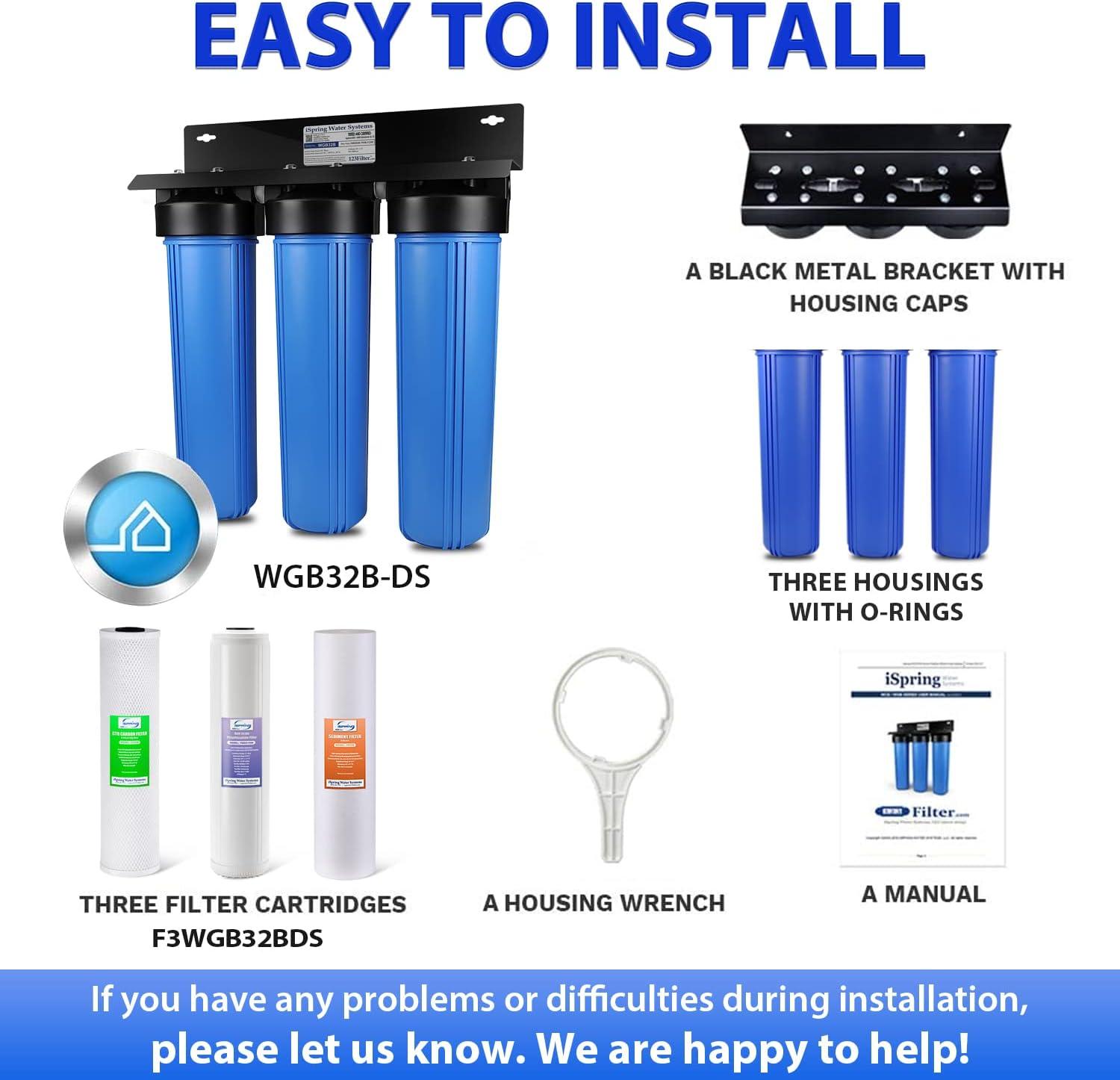 iSpring WGB32B-DS Whole House Water Filter System w/ Sediment, Polyphosphate Anti-Scale, and Carbon Block Water Filters, 3-Stage Water Descaler and Water Filter