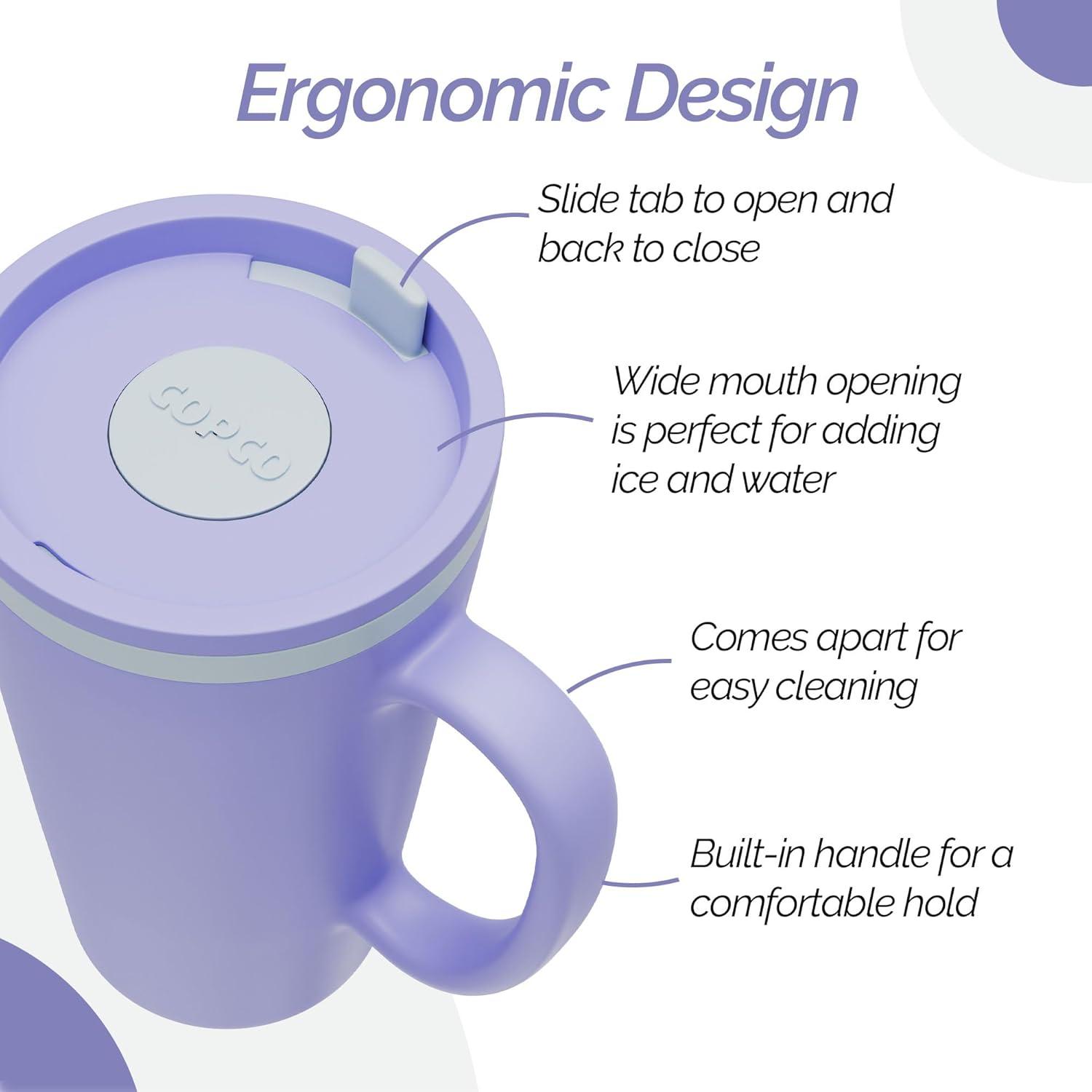 Copco Cone 16oz Insulated Travel Mug with Handle, Double Wall, Slide-Closure Lid, Microwave & Dishwasher Safe, Portable Coffee Cup (Light Purple)
