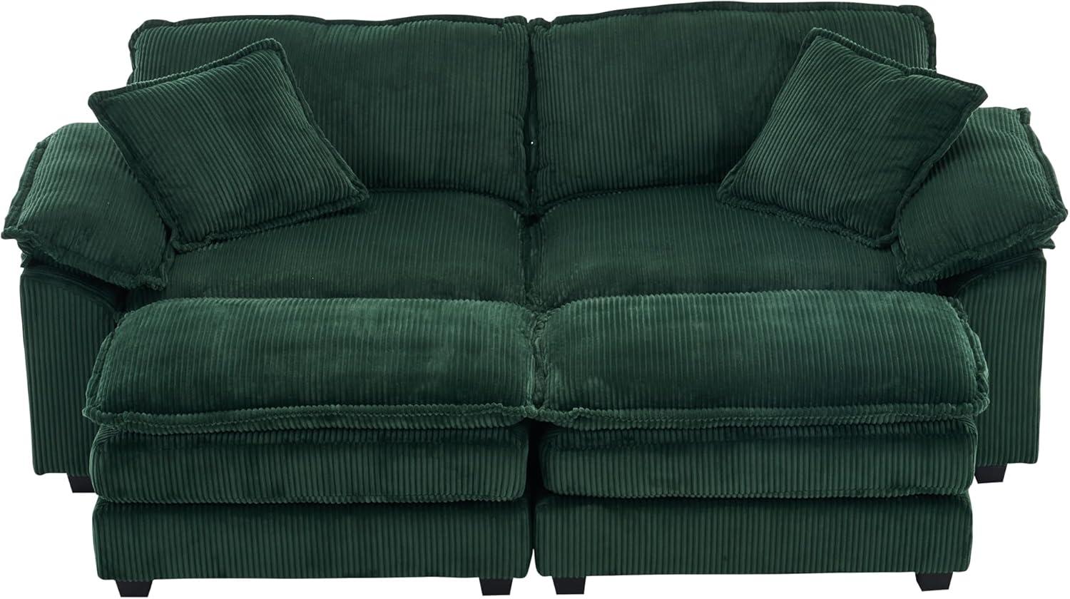 Green Corduroy Loveseat Sofa with Ottomans and Pillows