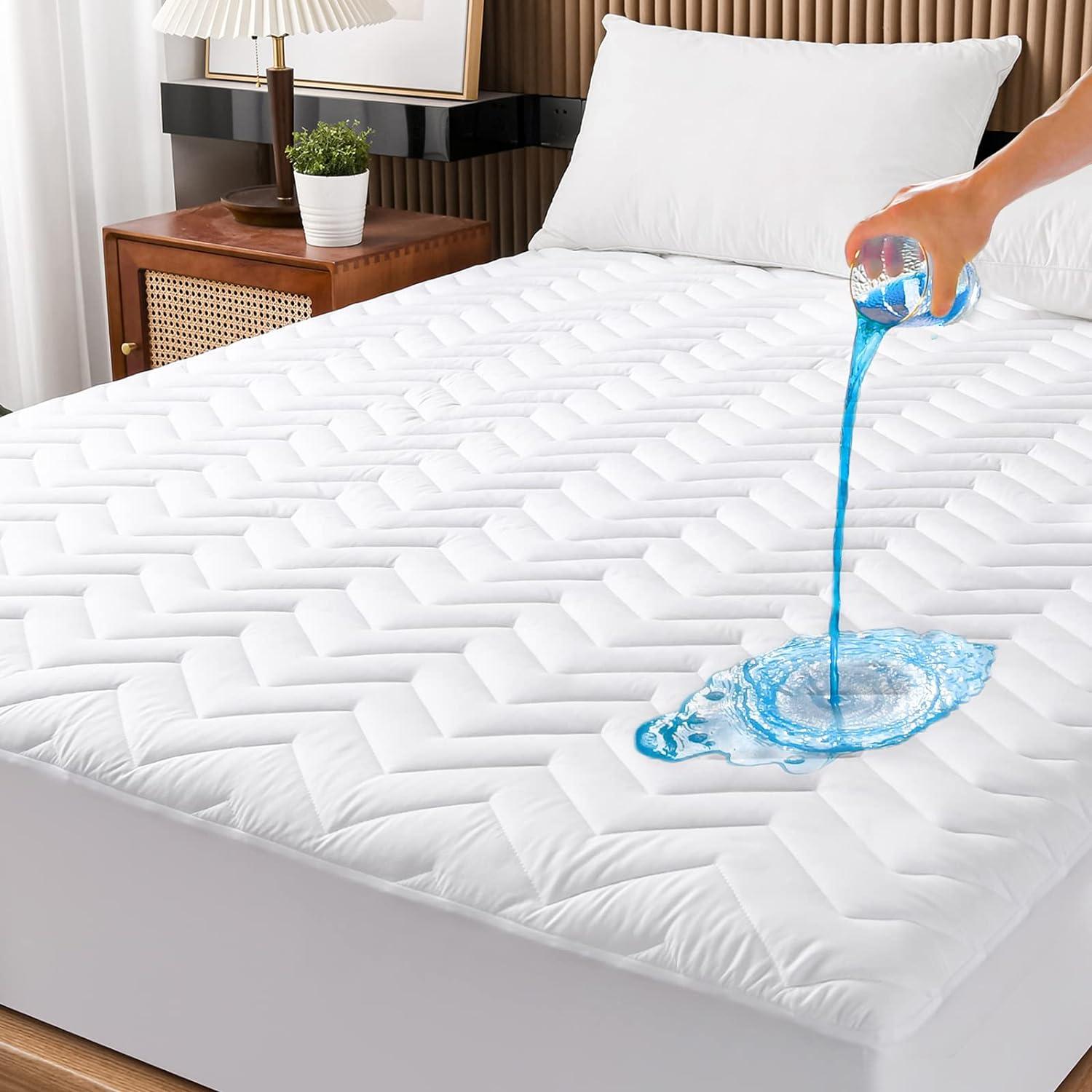 Queen Size Waterproof Mattress Protector Quilted, Breathable Ultra-Soft Filling Mattress Pad, Fitted Deep Pocket Mattress Cover Fits 6''-25'' Mattress White