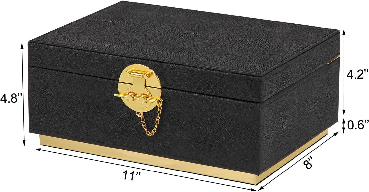 Elegant Black Faux Leather Rectangular Decorative Box with Gold Accents