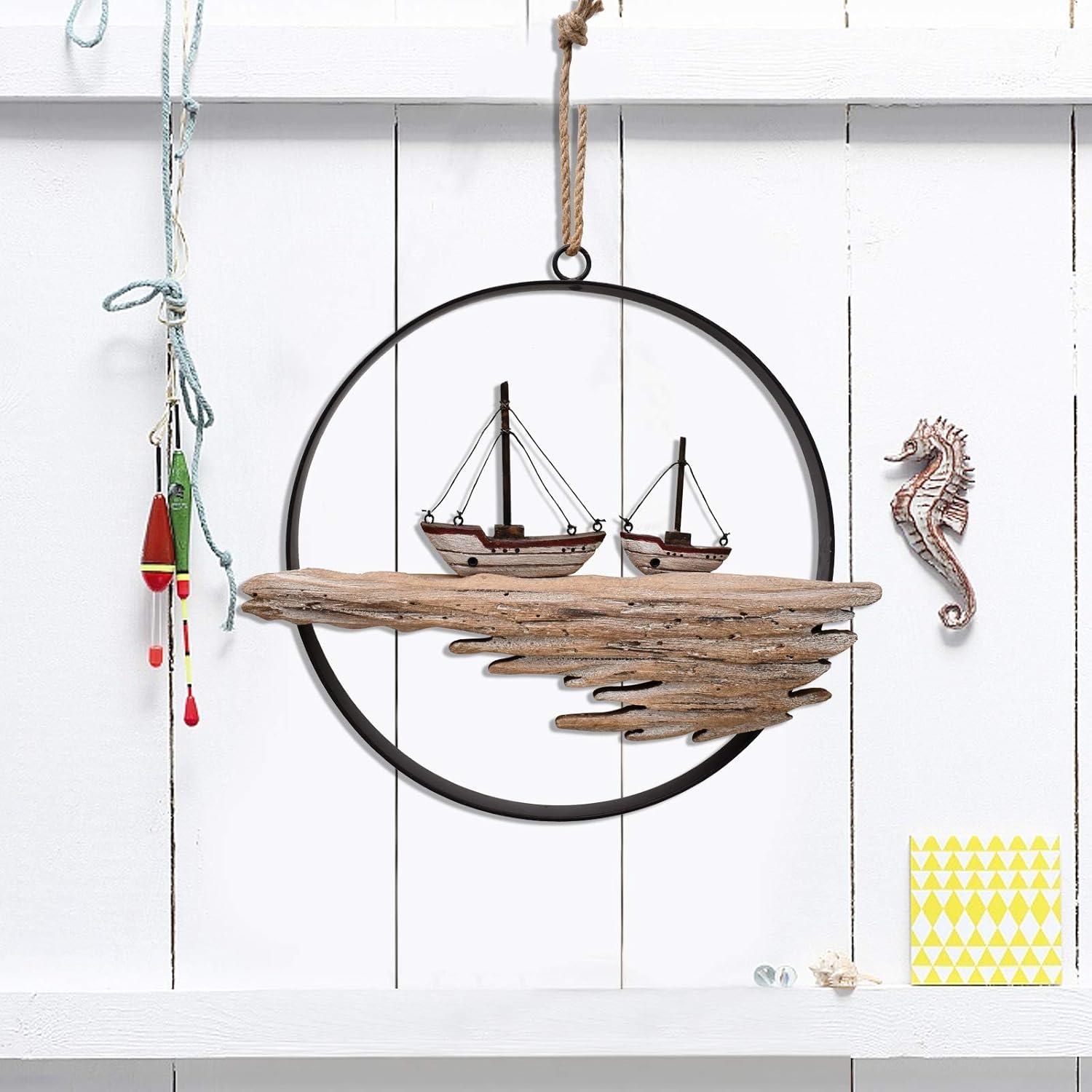 Rustic Wood Nautical Boat Wall Art with Hanging Loop